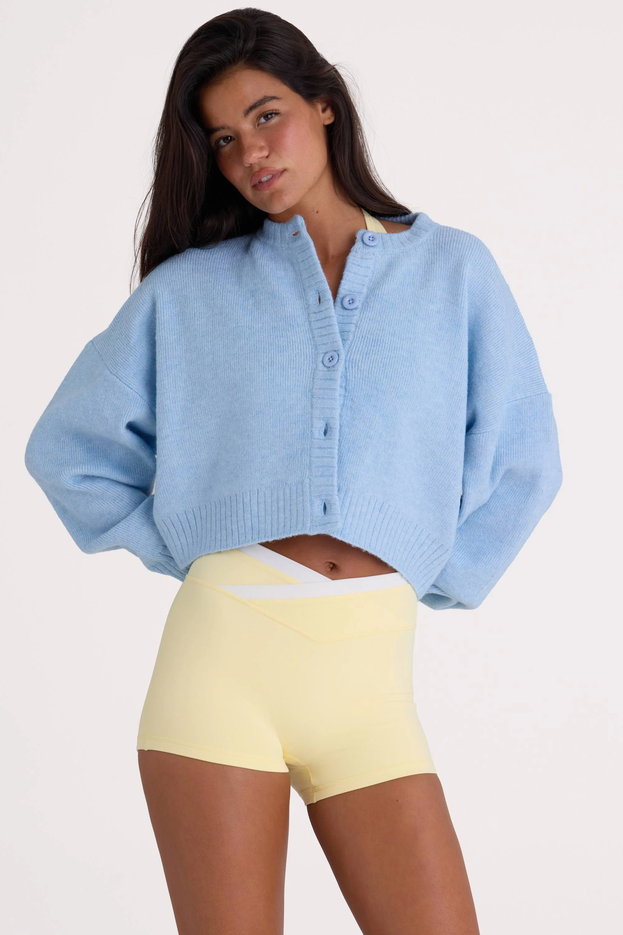 Knit Cropped Cardigan in Powder Blue - Image 2