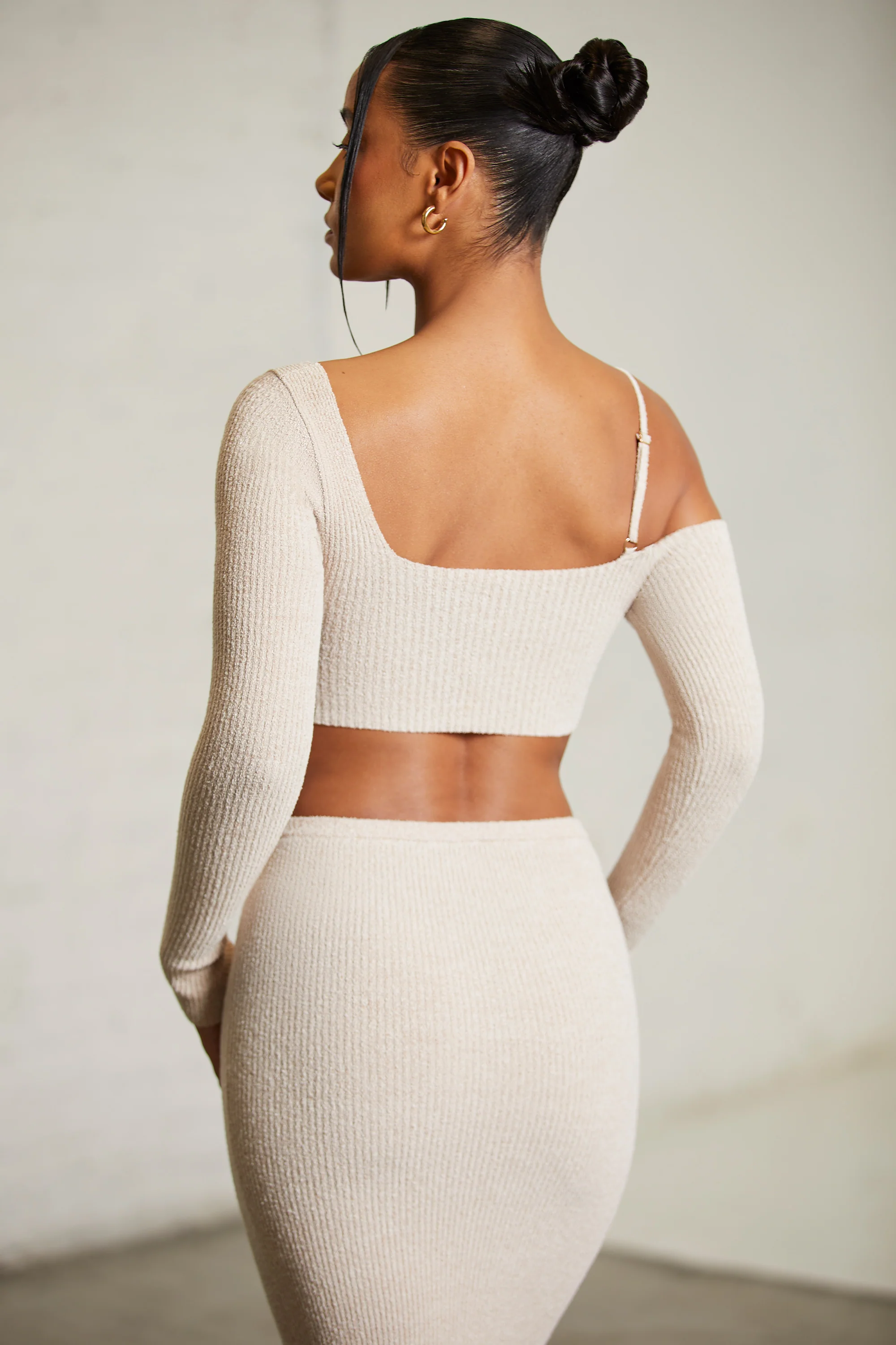 Asymmetric Long Sleeve Crop Top in Praline - Image 2
