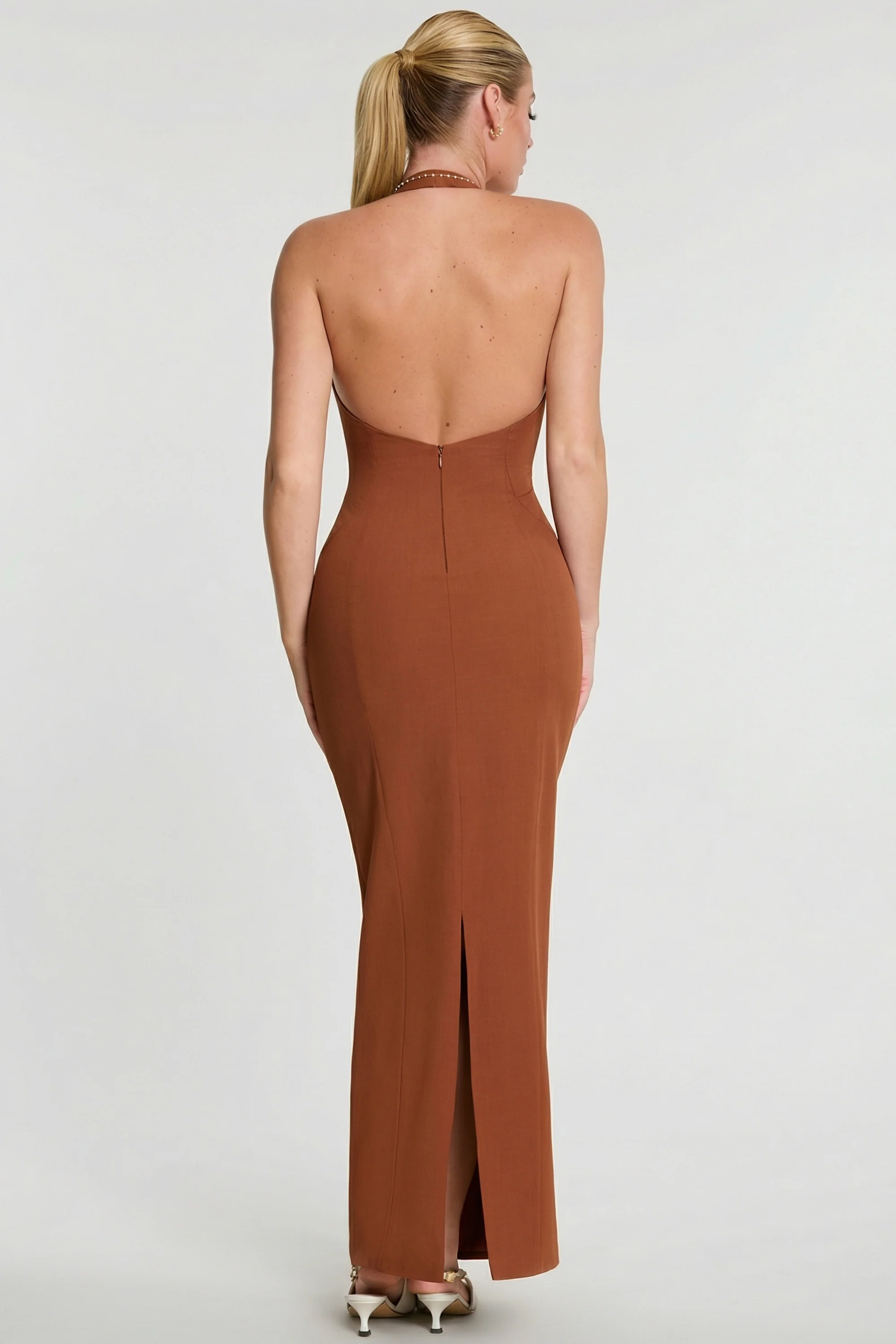 Woven Twill Halter Neck Plunge Maxi Dress in Chestnut Brown - Image 2