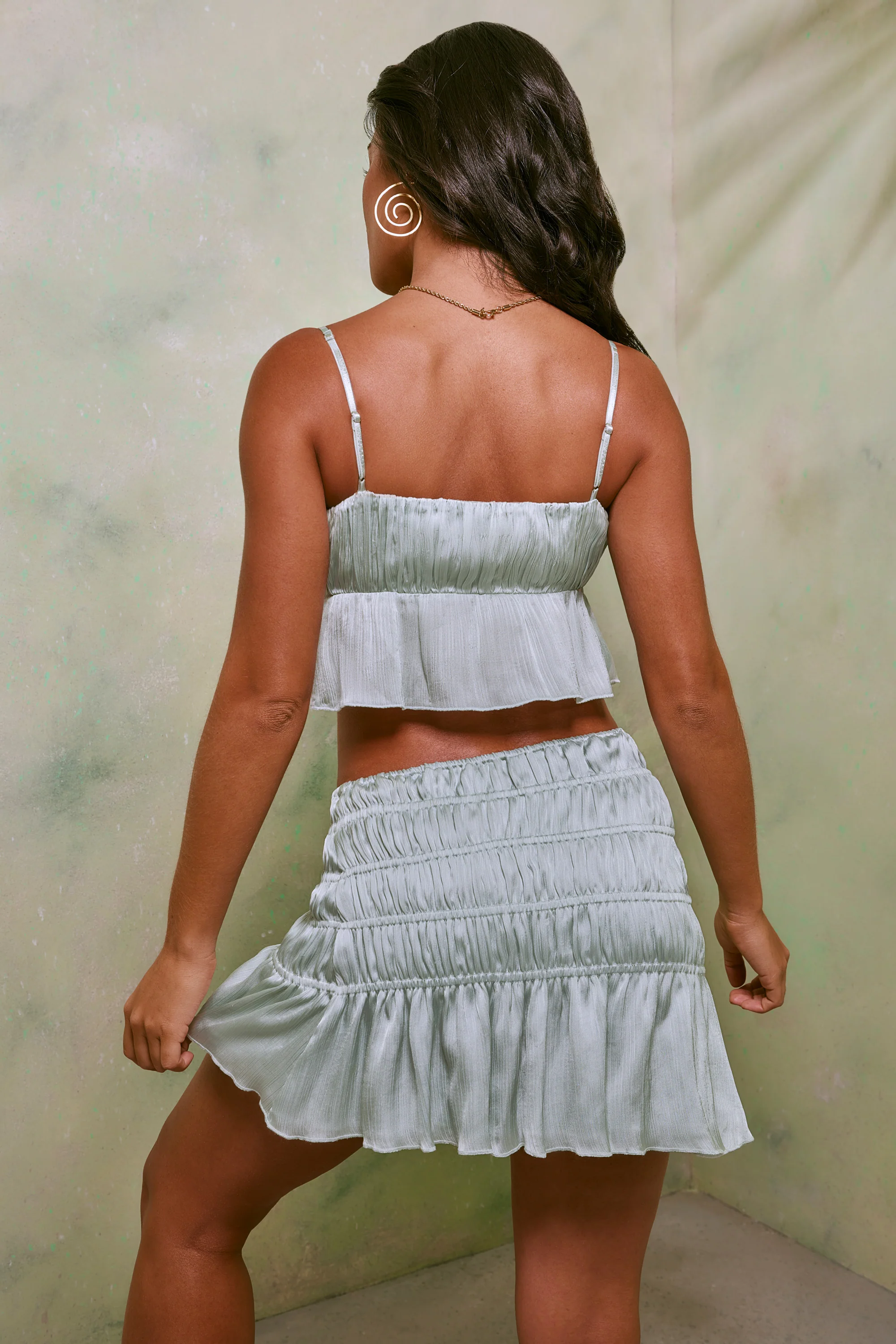 Shirred Tie Up Front Crop Top in Pastel Green - Image 10