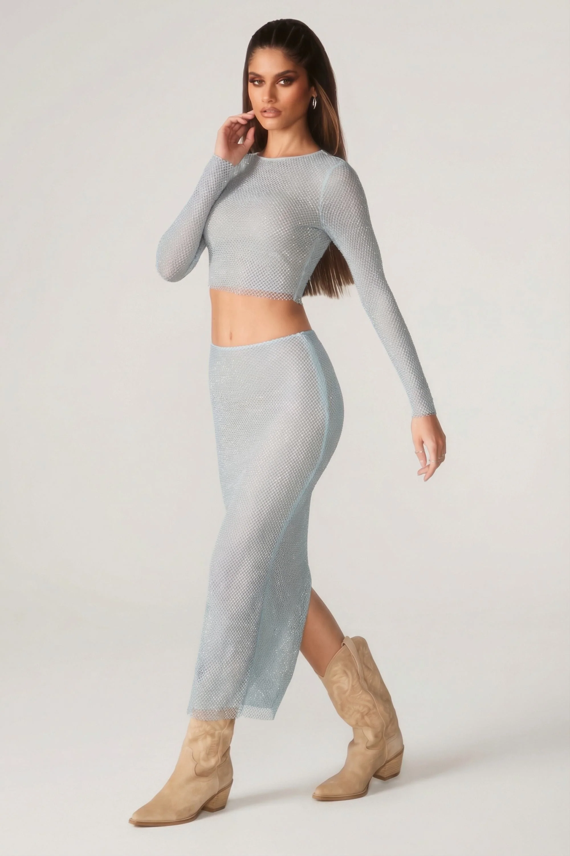Embellished Long Sleeve Top in Aqua - Image 3