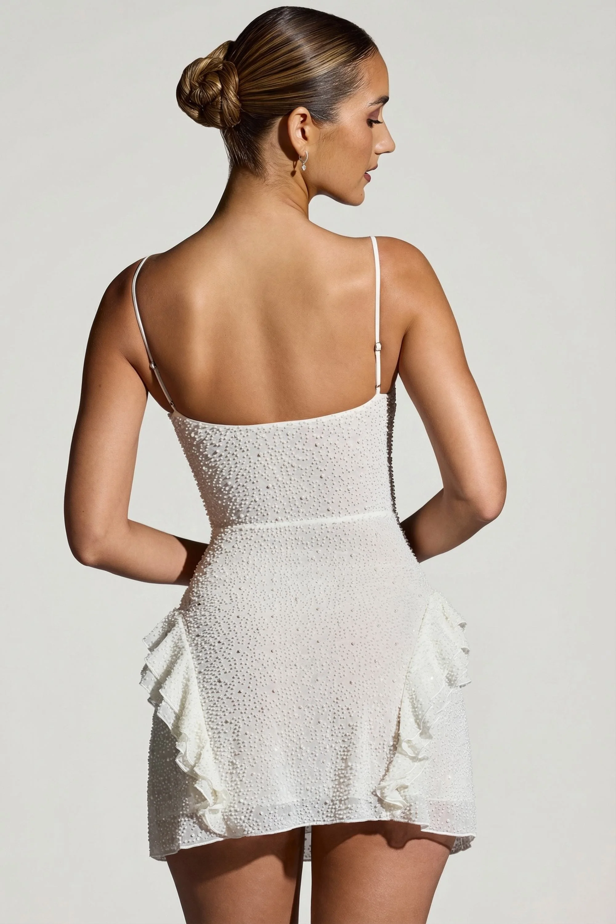 Embellished Frill Mini Dress in White - Image 2