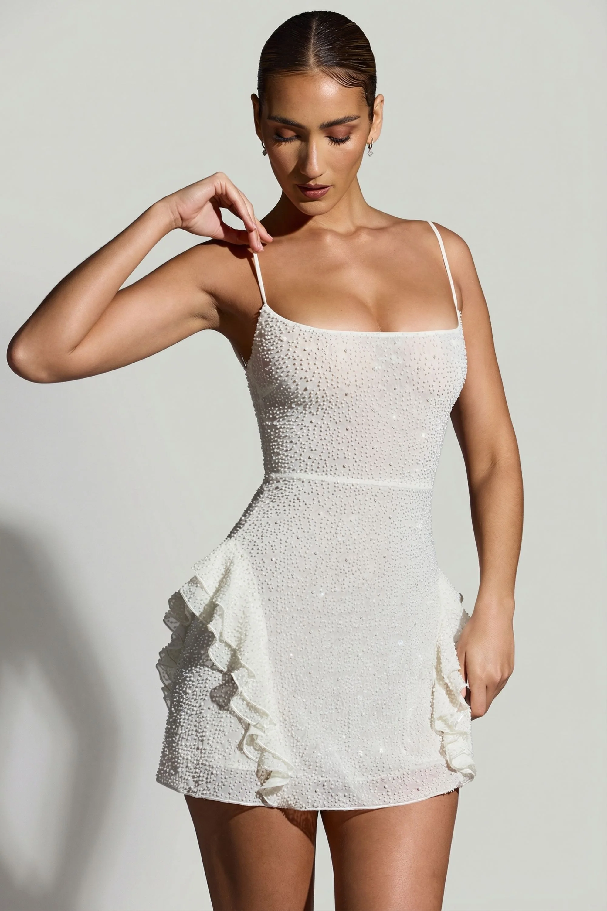 Embellished Frill Mini Dress in White - Image 9