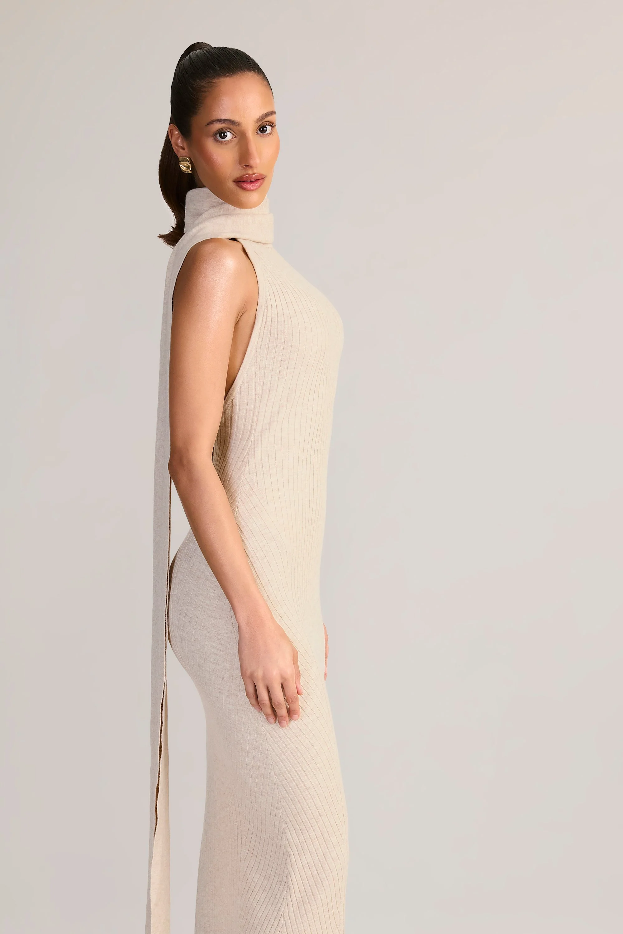 Rib-Knit Scarf-Detail Halterneck Maxi Dress in Cream - Image 3
