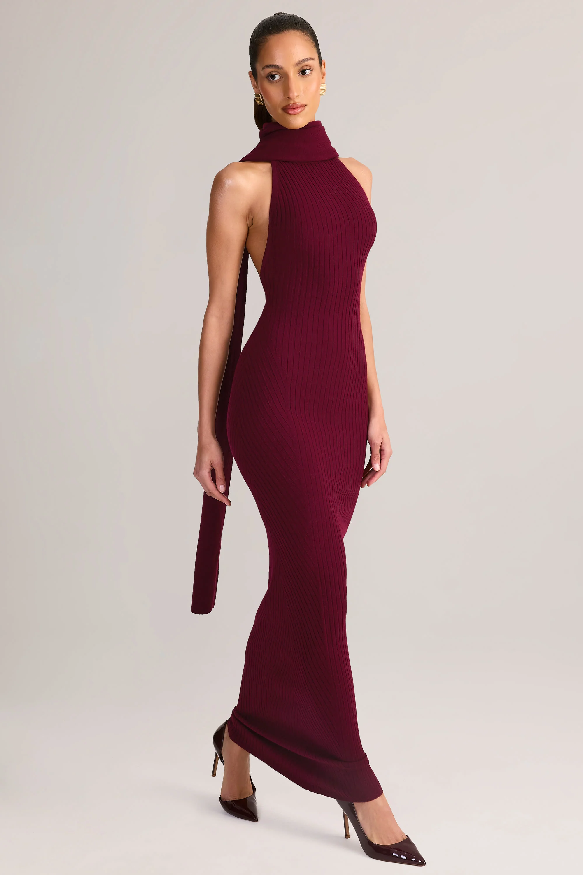 Rib-Knit Scarf-Detail Halterneck Maxi Dress in Wine - Image 6