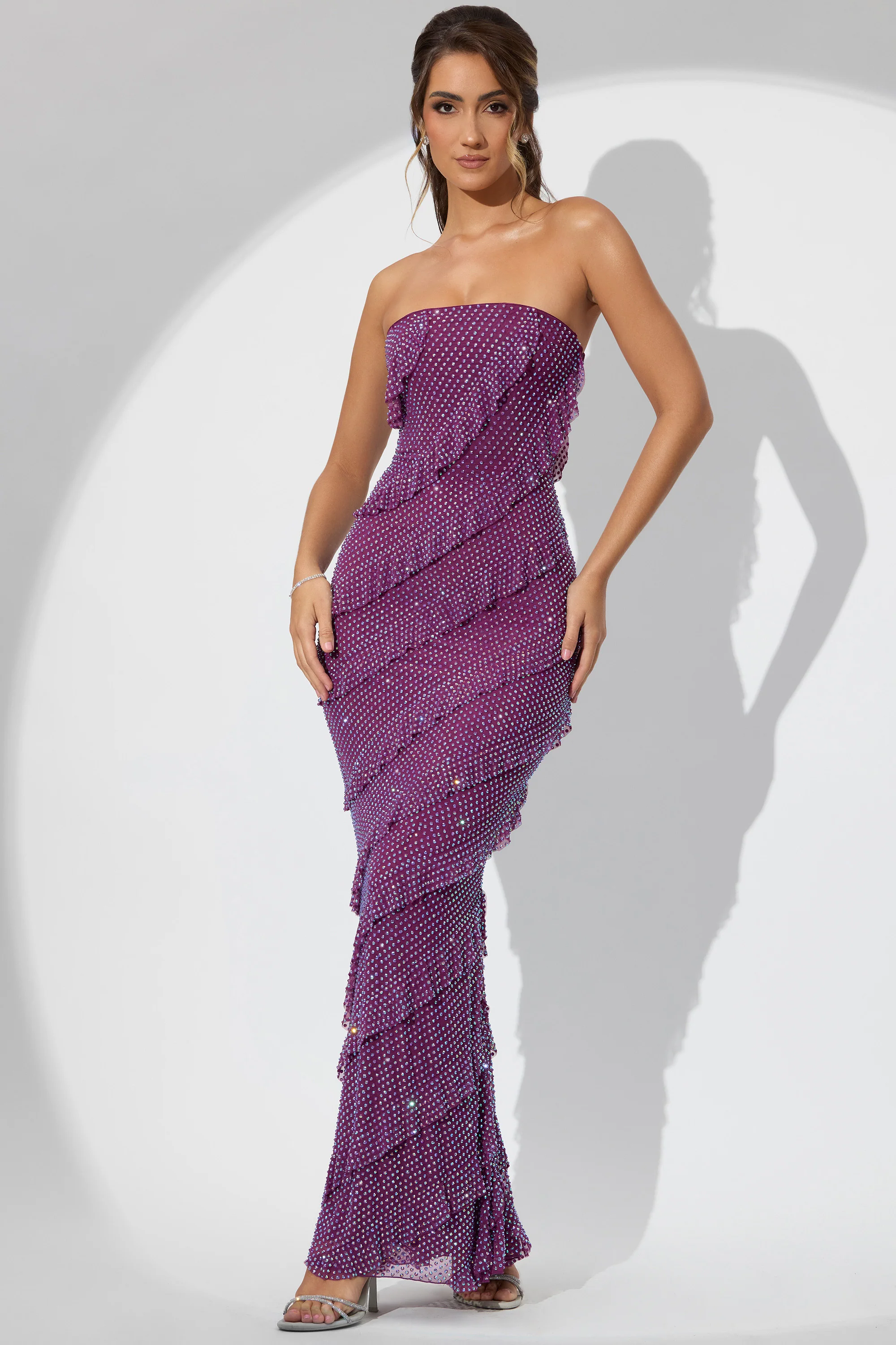 Embellished Bandeau Ruffle Maxi Dress in Plum - Image 8