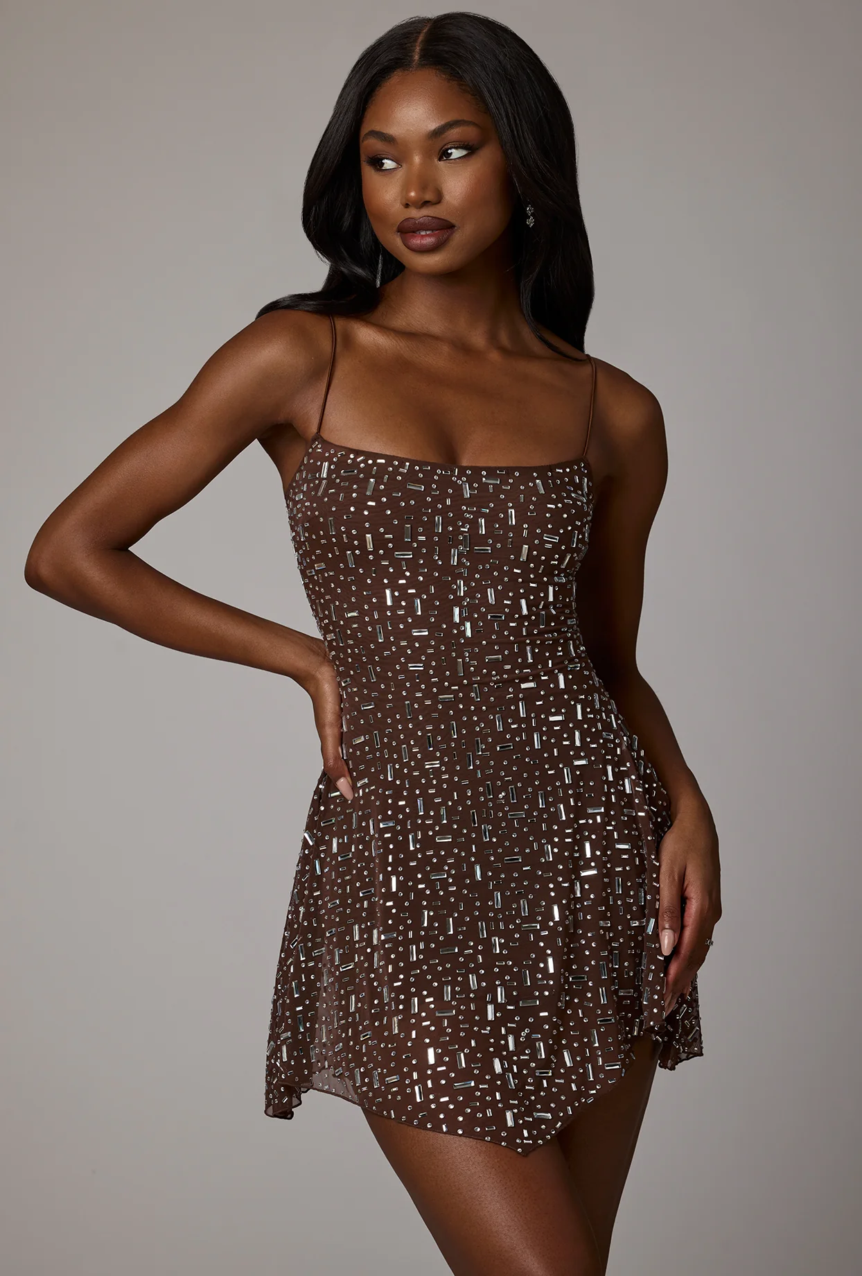Sheer Embellished Scoop Neck Mini Dress in Deep Cocoa - Image 9