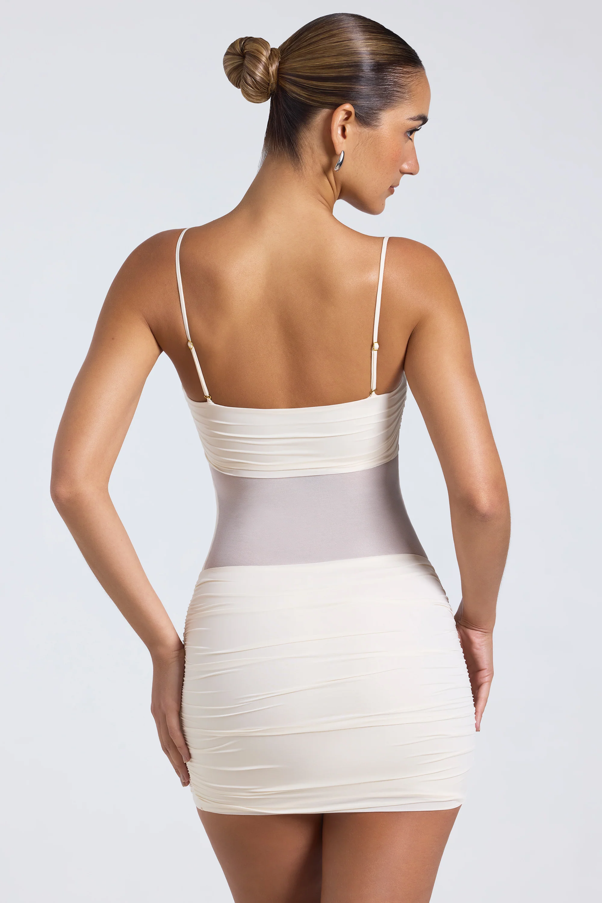 Sheer Panelled Ruched Mini Dress in Ivory - Image 2