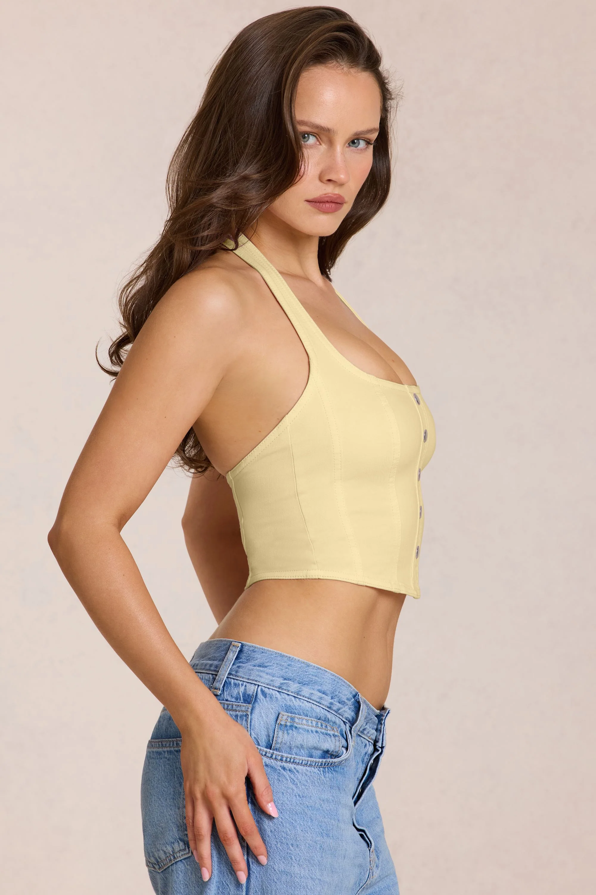 Denim Halterneck Corset Style Top in Lemon Yellow - Image 3