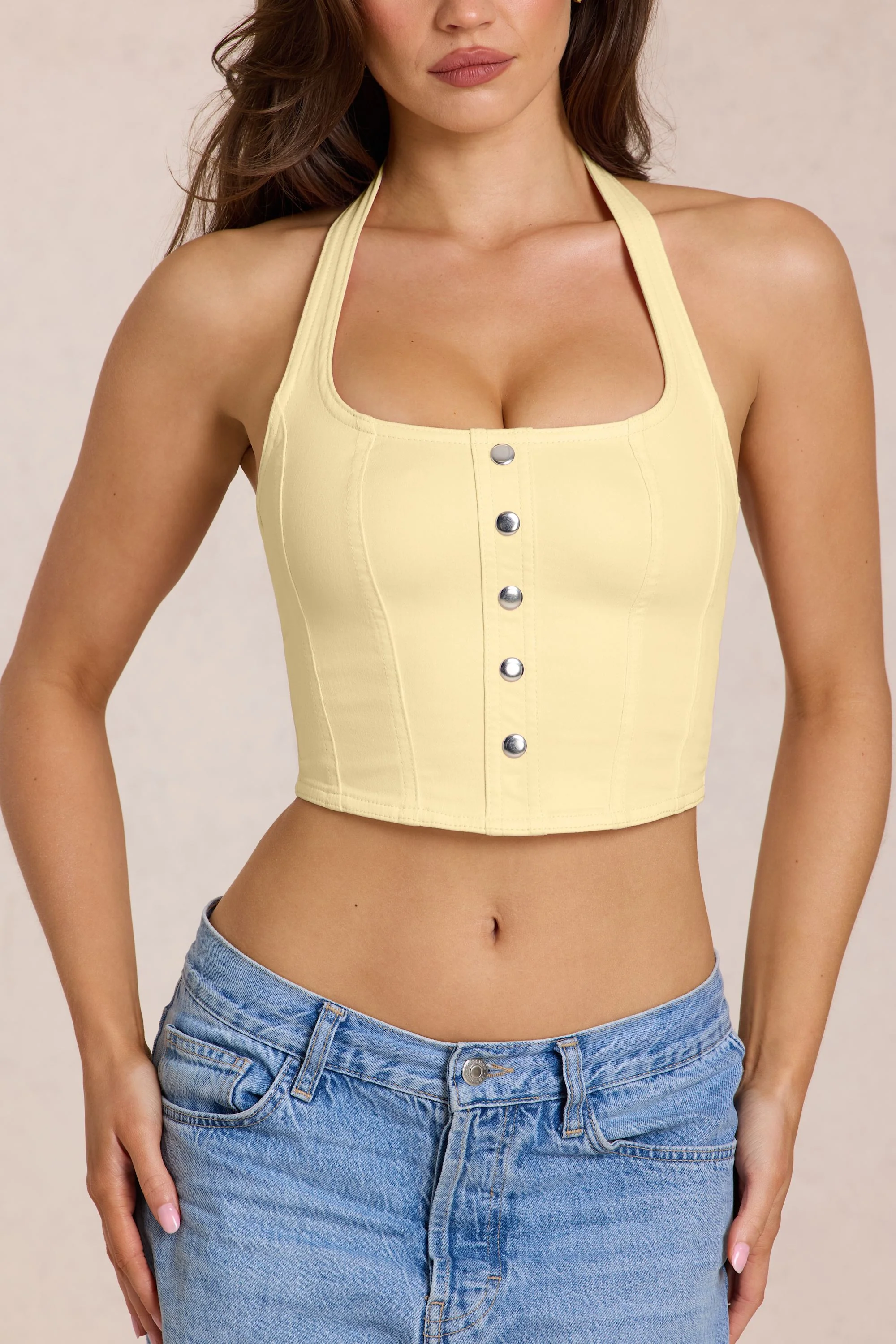 Denim Halterneck Corset Style Top in Lemon Yellow - Image 4