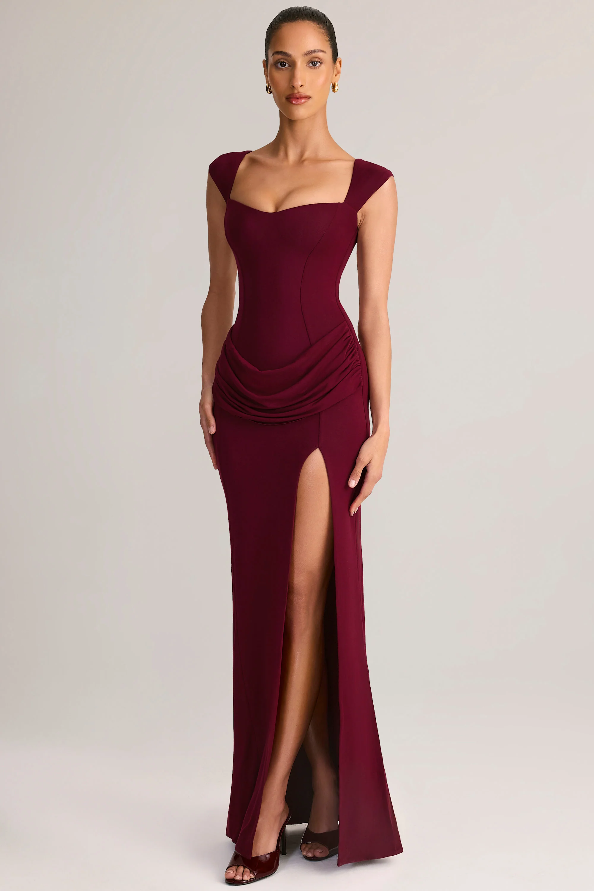Modal Sweetheart-Neck Cowl-Waist Maxi Dress in Wine - Image 6