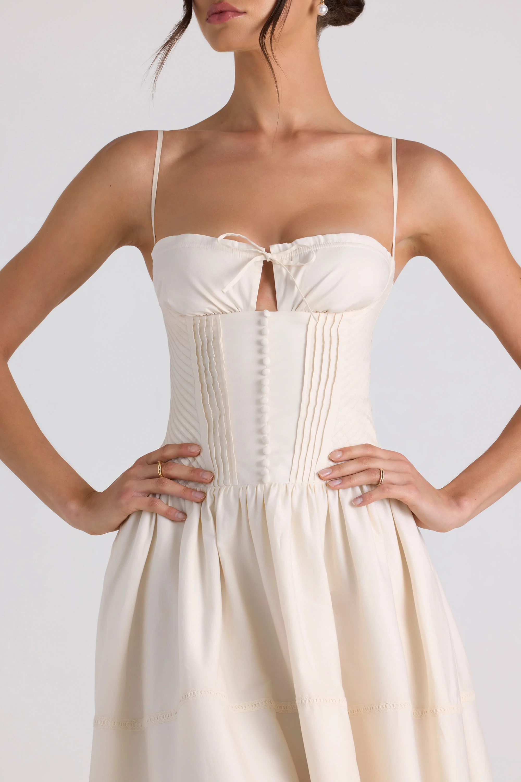 Lace-Trim Pintucked Poplin Midaxi Dress in Ivory - Image 4