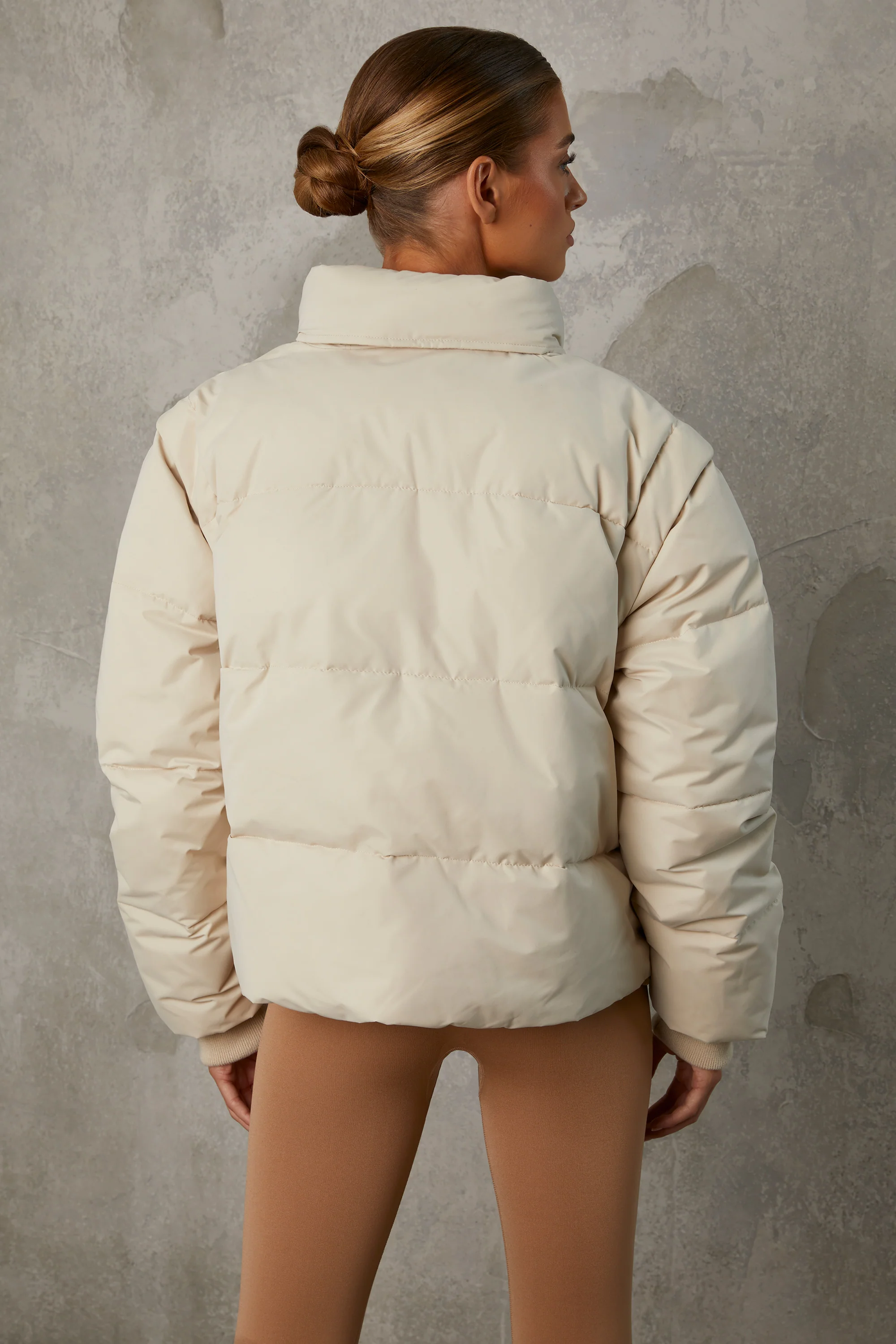Cropped Puffer Jacket with Detachable Sleeves in Sand - Image 2