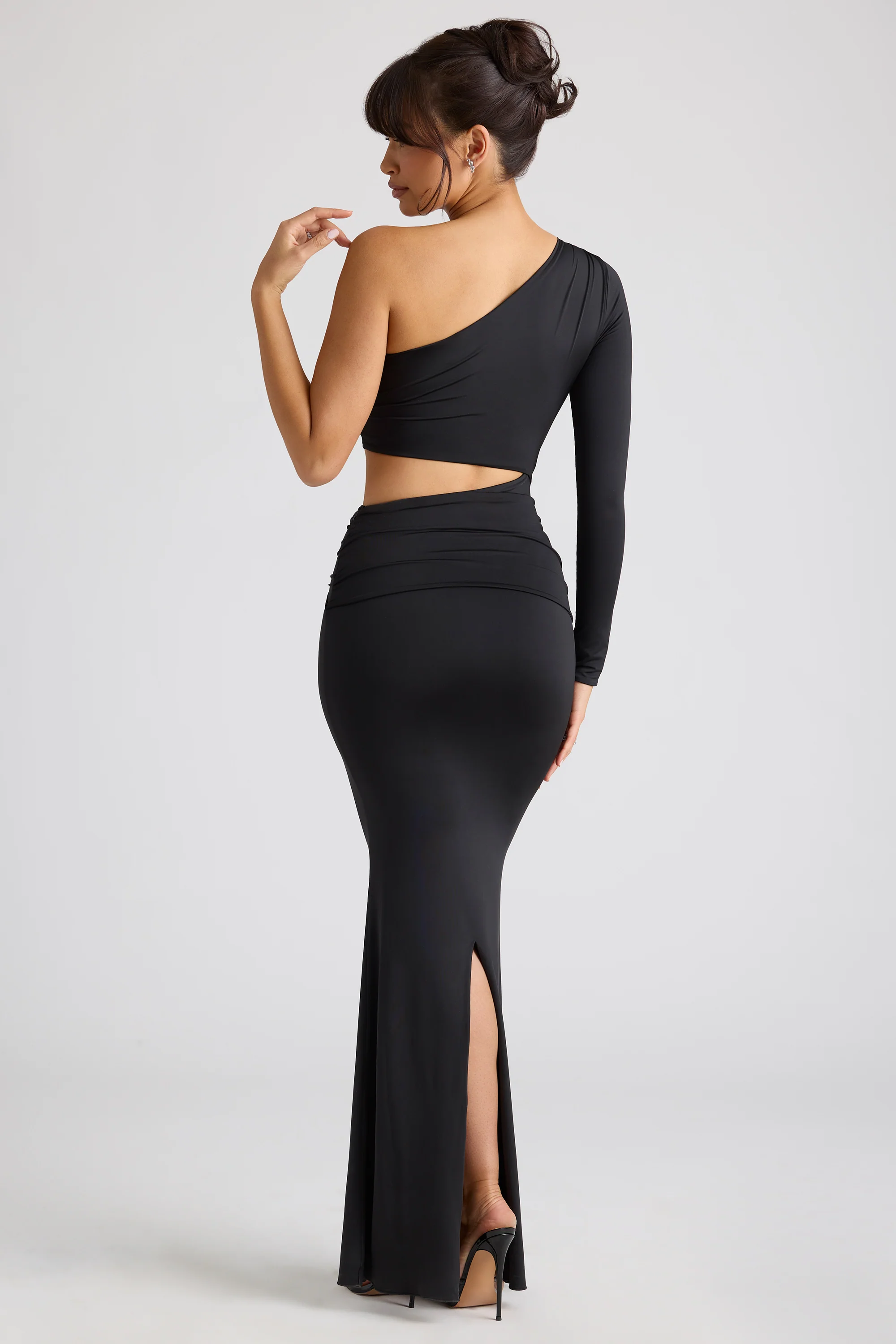 Single Sleeve Cut Out Evening Gown in Black - Image 2