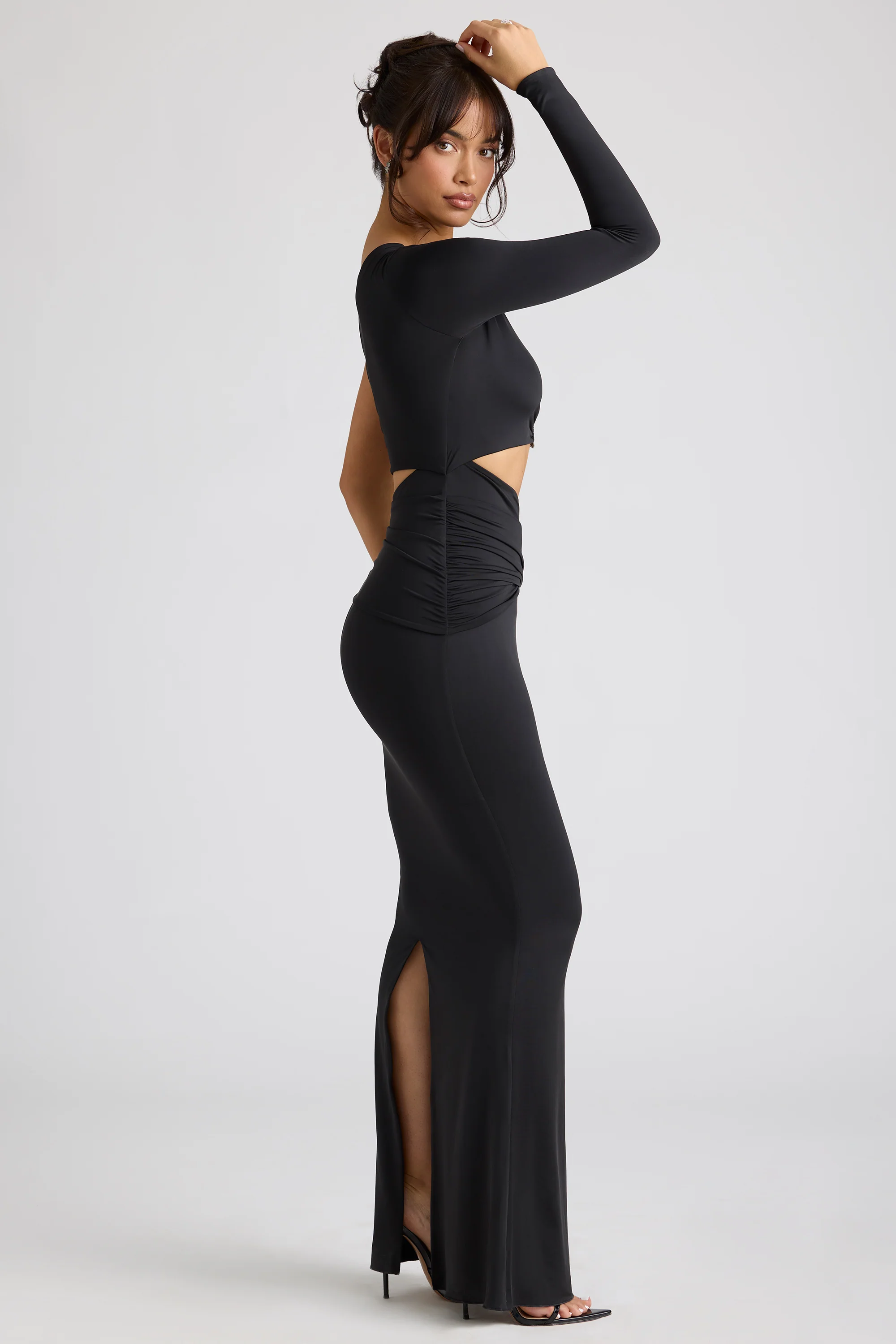 Single Sleeve Cut Out Evening Gown in Black - Image 5
