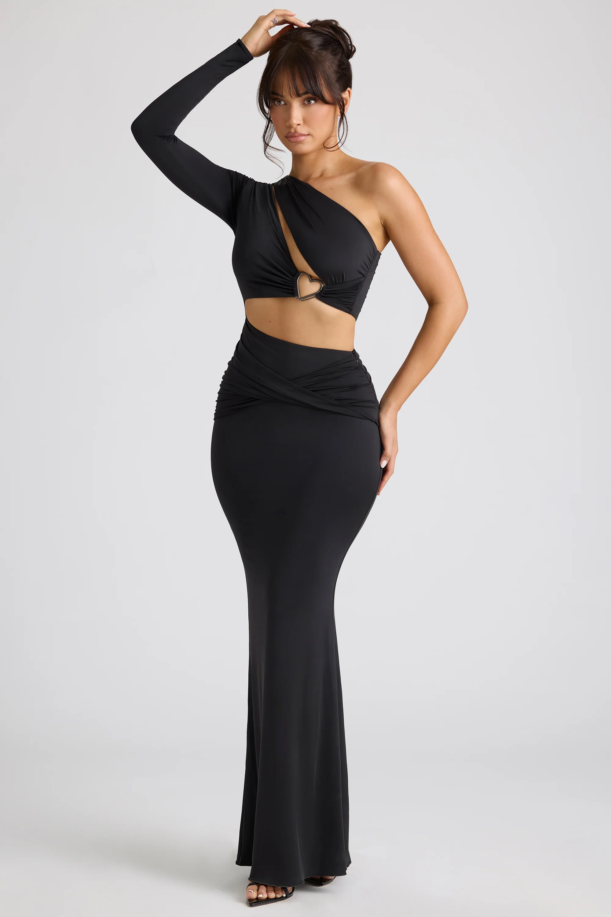 Single Sleeve Cut Out Evening Gown in Black - Image 6