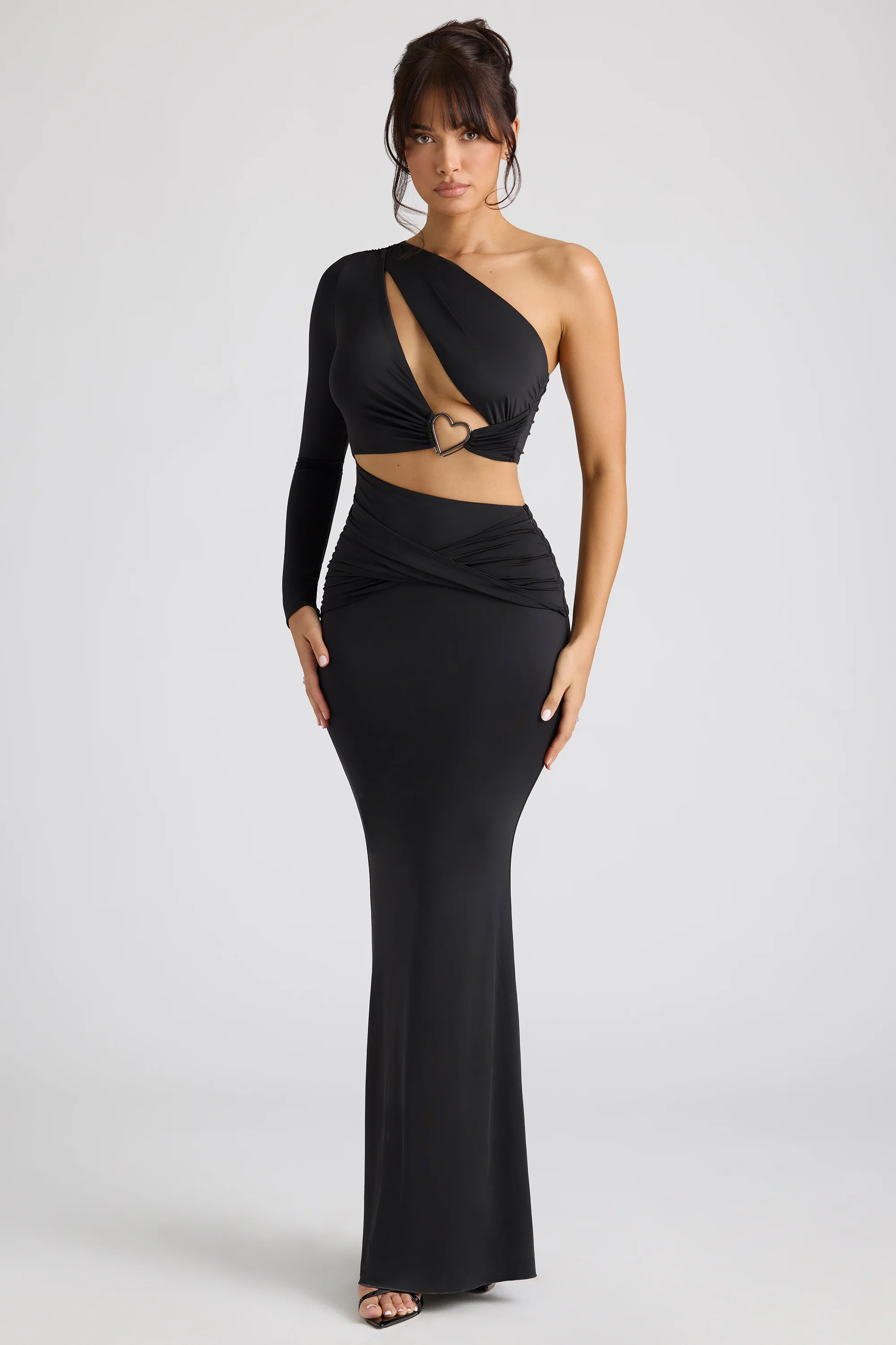 Single Sleeve Cut Out Evening Gown in Black - Image 9