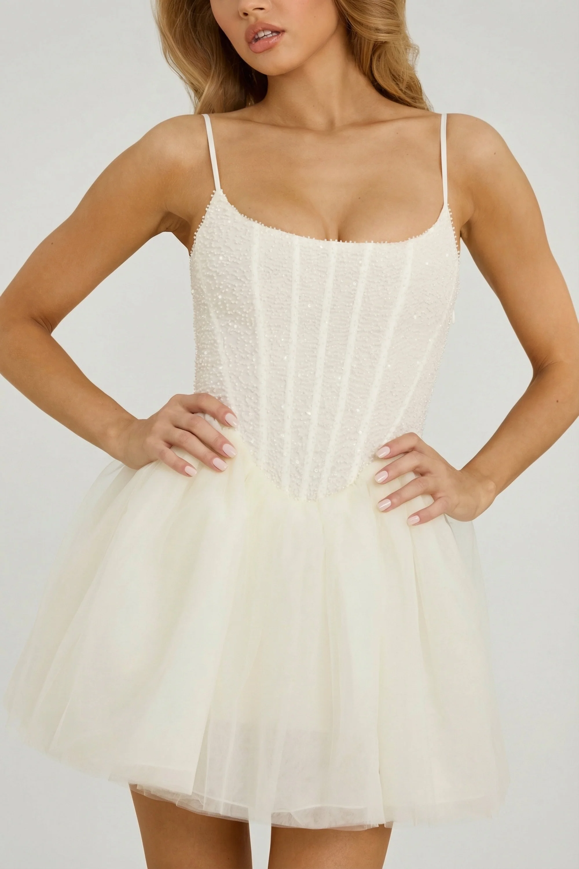 Embellished Corset Tulle Skirt Mini Dress in White - Image 3