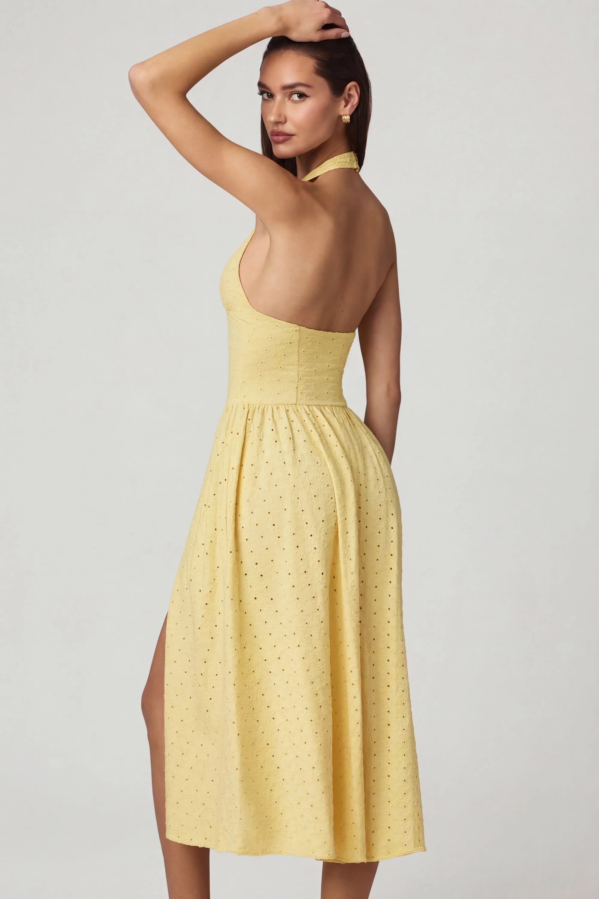 Modal Broderie Anglaise Halterneck Midaxi Dress in Lemon Yellow - Image 2