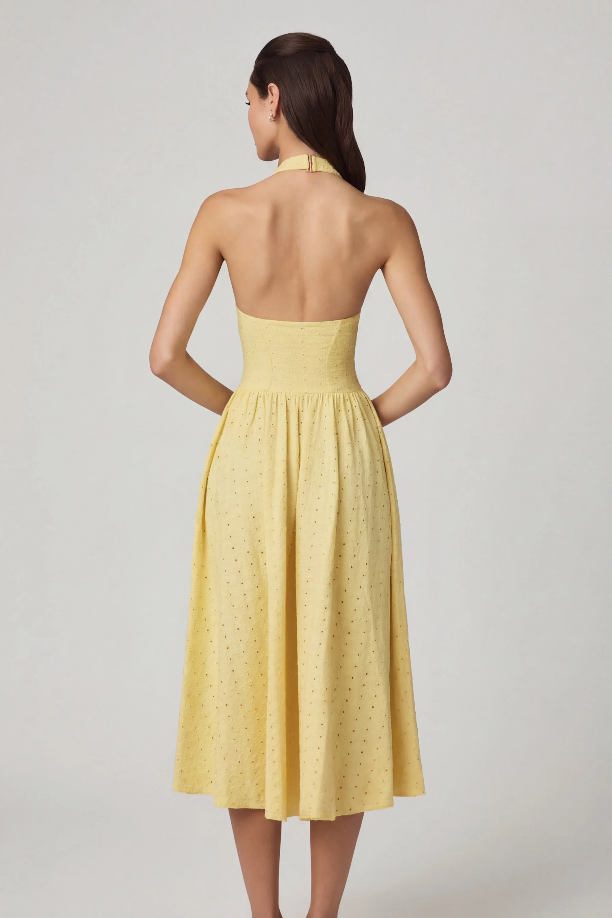 Modal Broderie Anglaise Halterneck Midaxi Dress in Lemon Yellow - Image 3