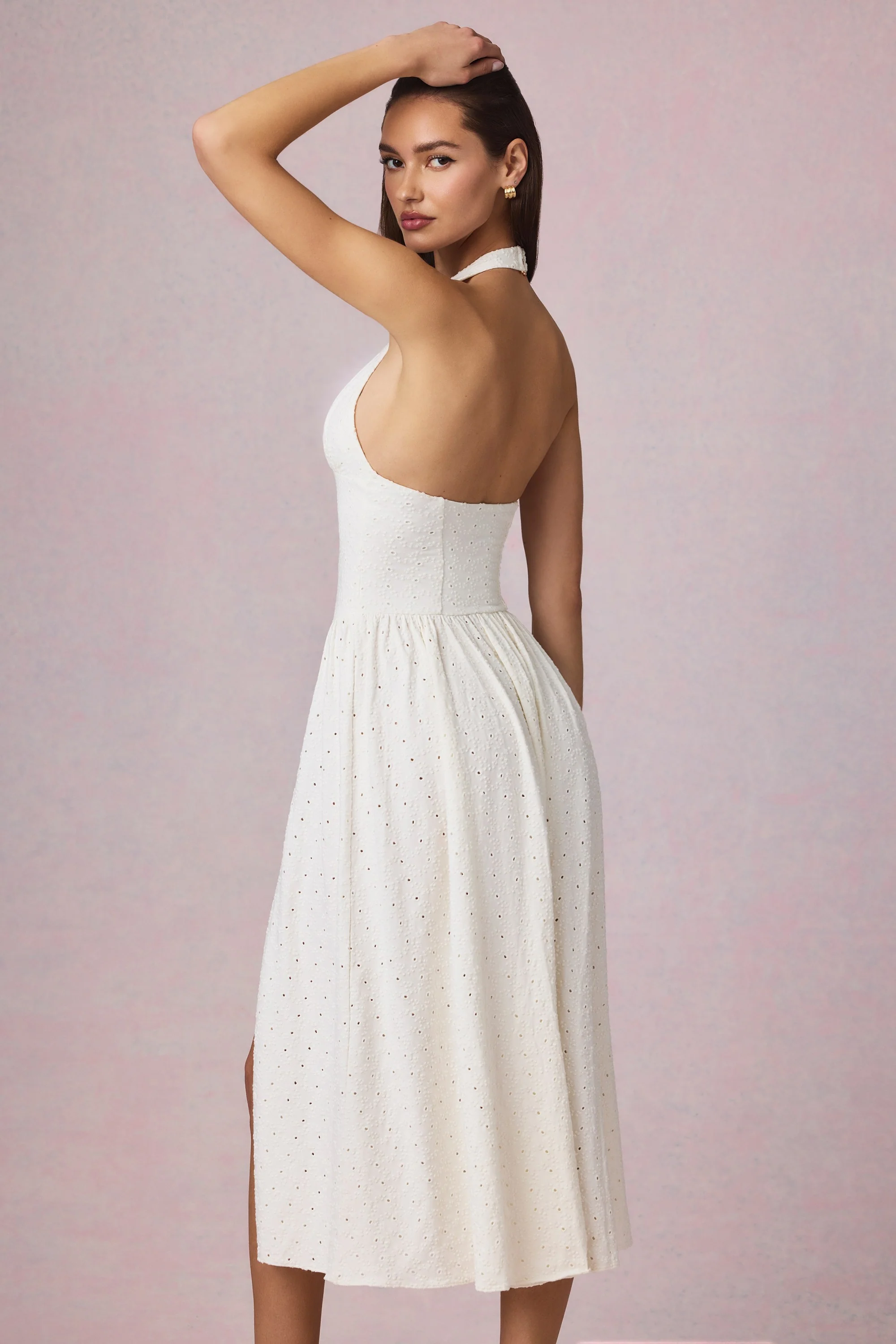 Modal Broderie Anglaise Halterneck Midaxi Dress in White - Image 2