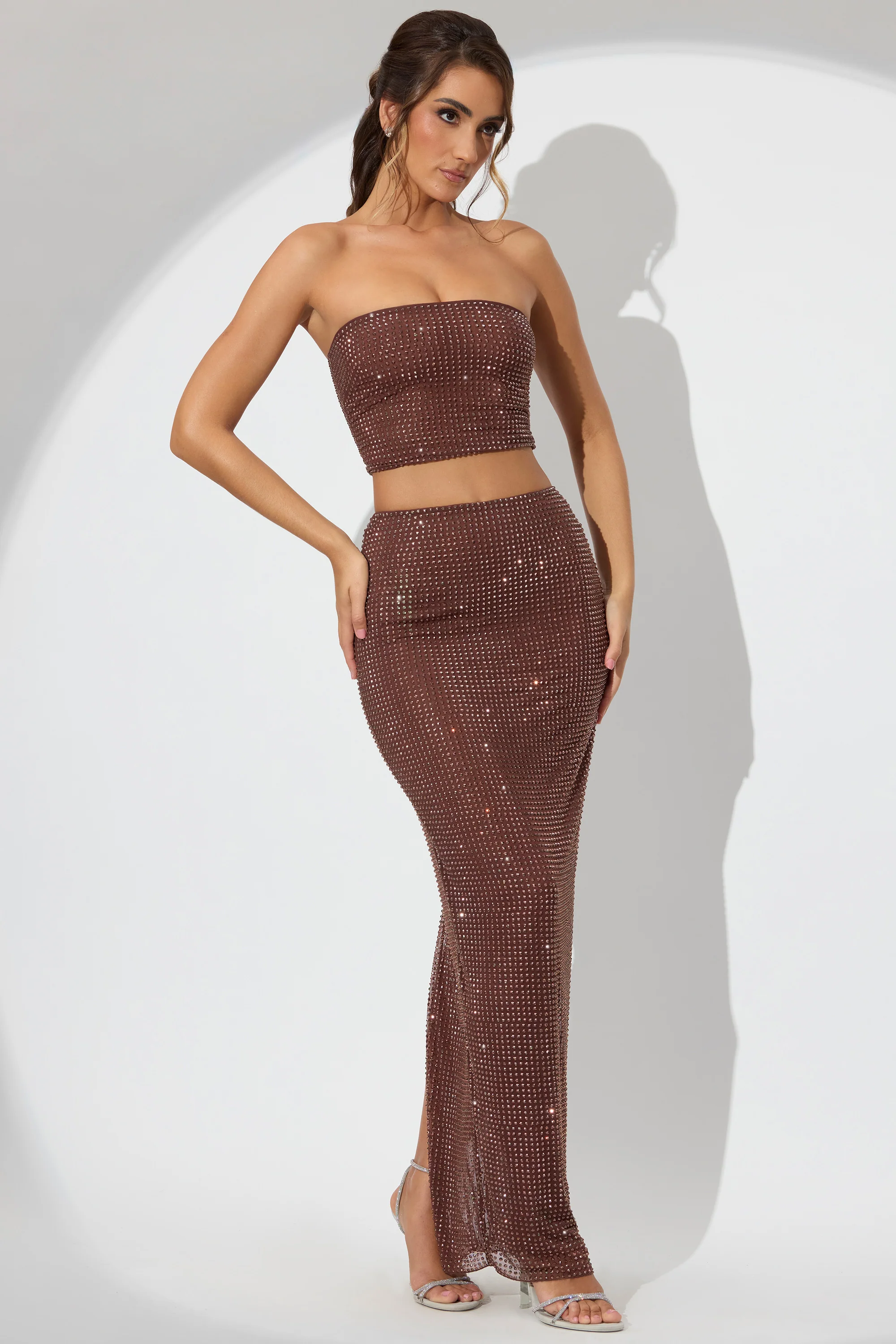 Embellished Mid Rise Maxi Skirt in Espresso - Image 8