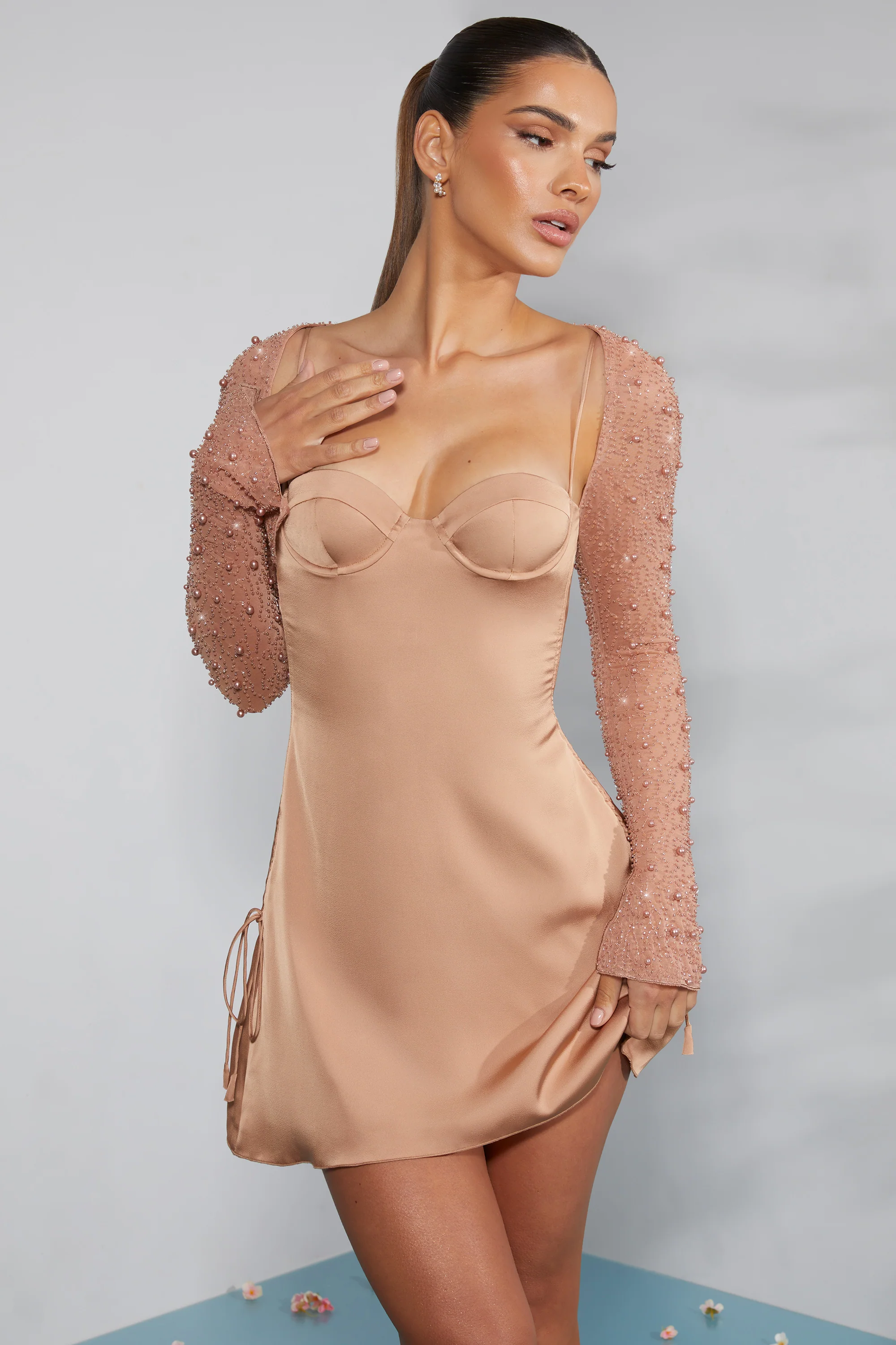 Long Sleeve Embellished A-line Mini Dress in Beige - Image 5