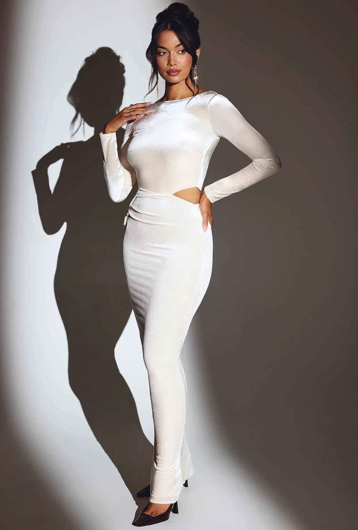 Velvet Long Sleeve Maxi Dress in Ivory - Image 8