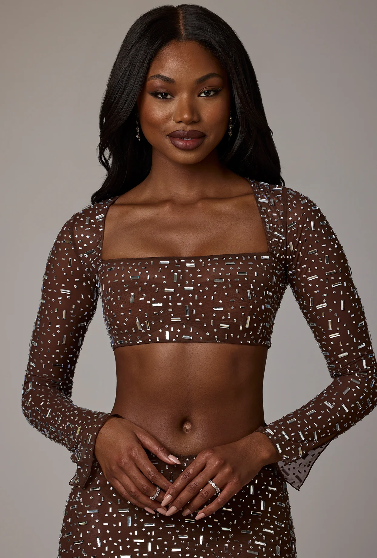 Sheer Embellished Long Sleeve Crop Top in Deep Cocoa - Image 11