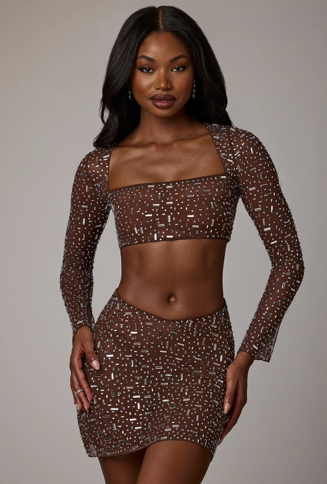 Sheer Embellished Long Sleeve Crop Top in Deep Cocoa - Image 12