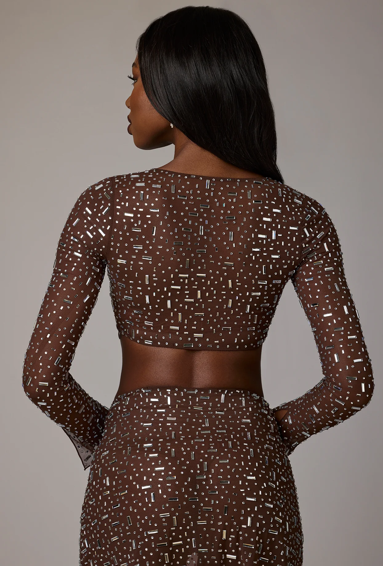 Sheer Embellished Long Sleeve Crop Top in Deep Cocoa - Image 6