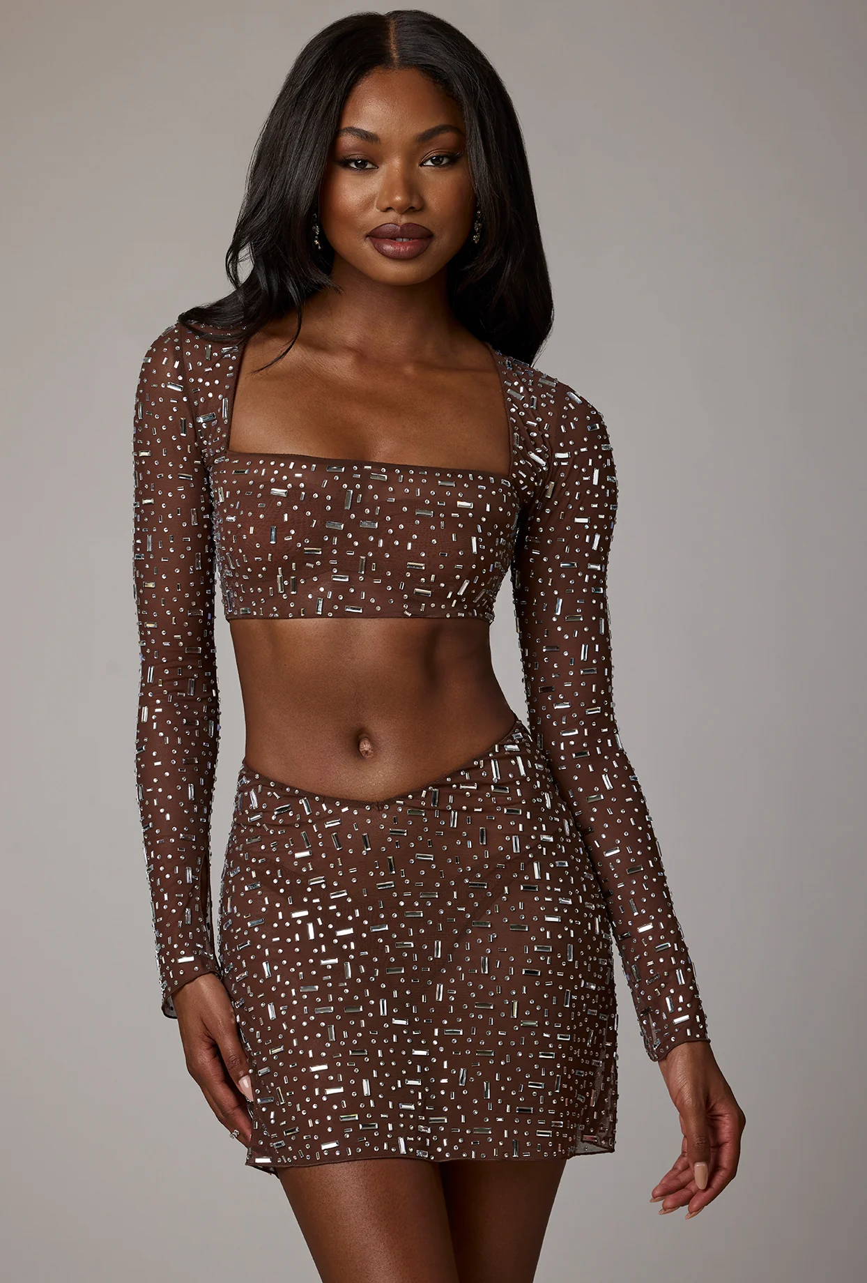 Sheer Embellished Long Sleeve Crop Top in Deep Cocoa - Image 8