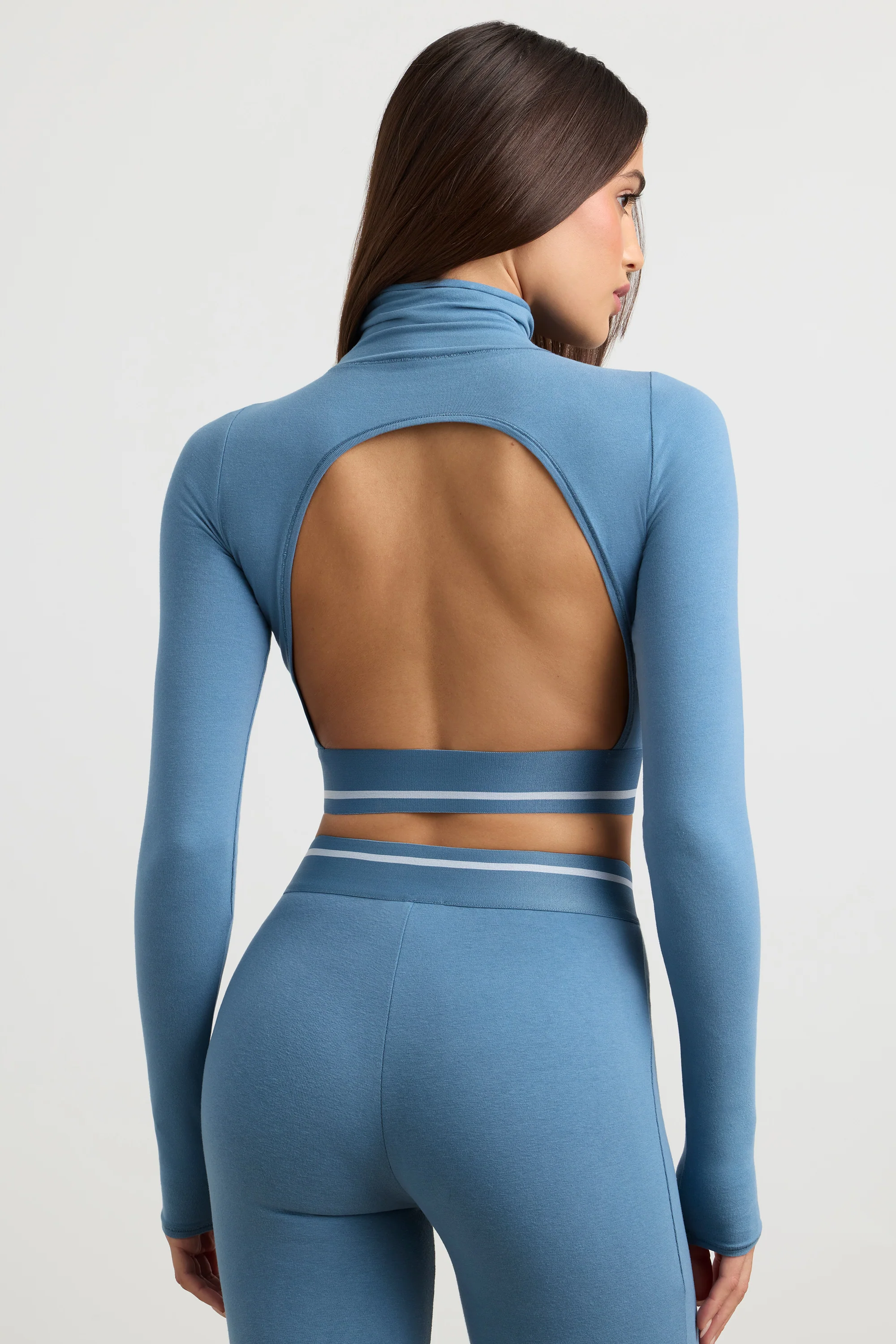 Backless Turtleneck Long-Sleeve Crop Top in Steel Blue - Image 2