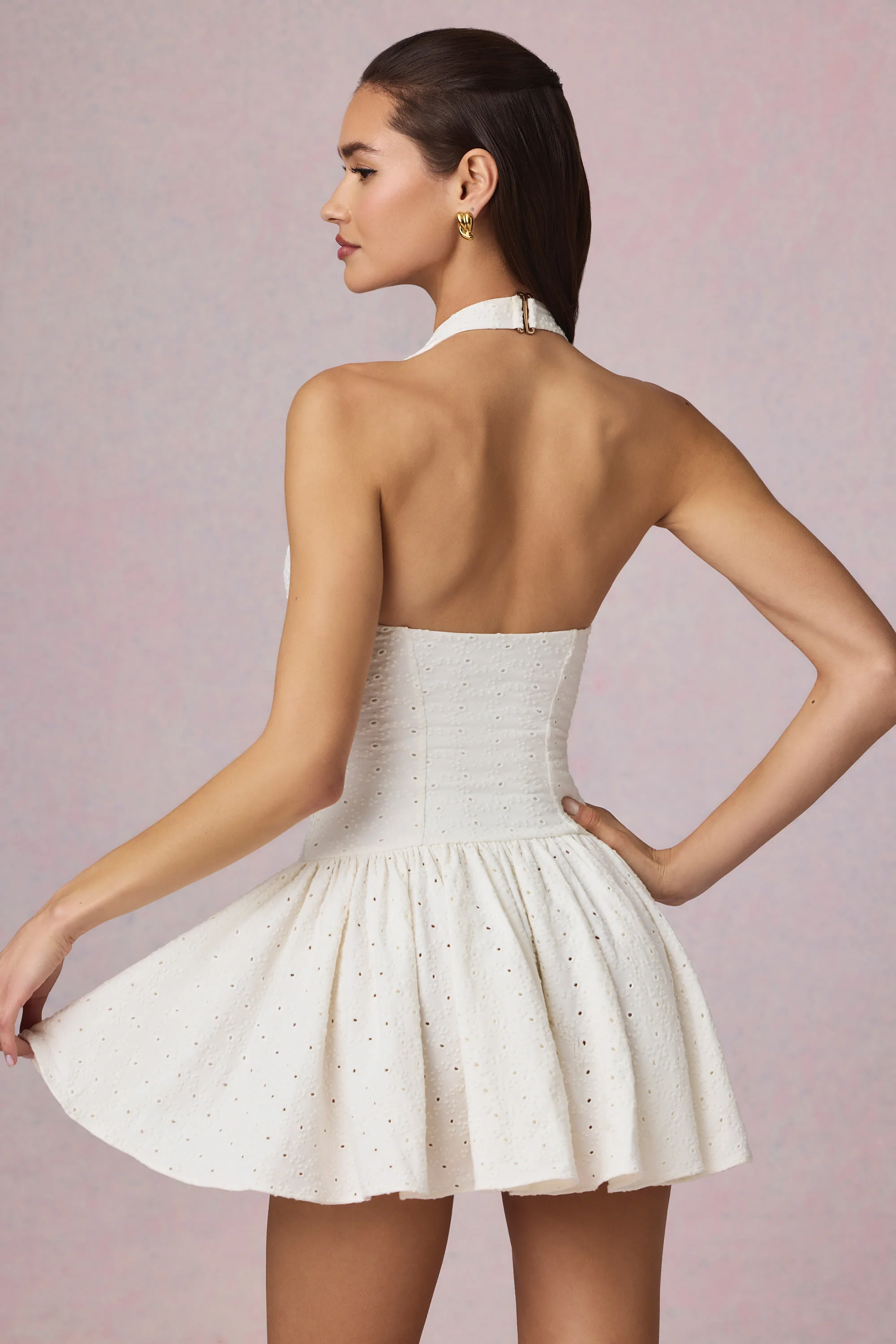 Modal Broderie Anglaise Halterneck Mini Dress in White - Image 2