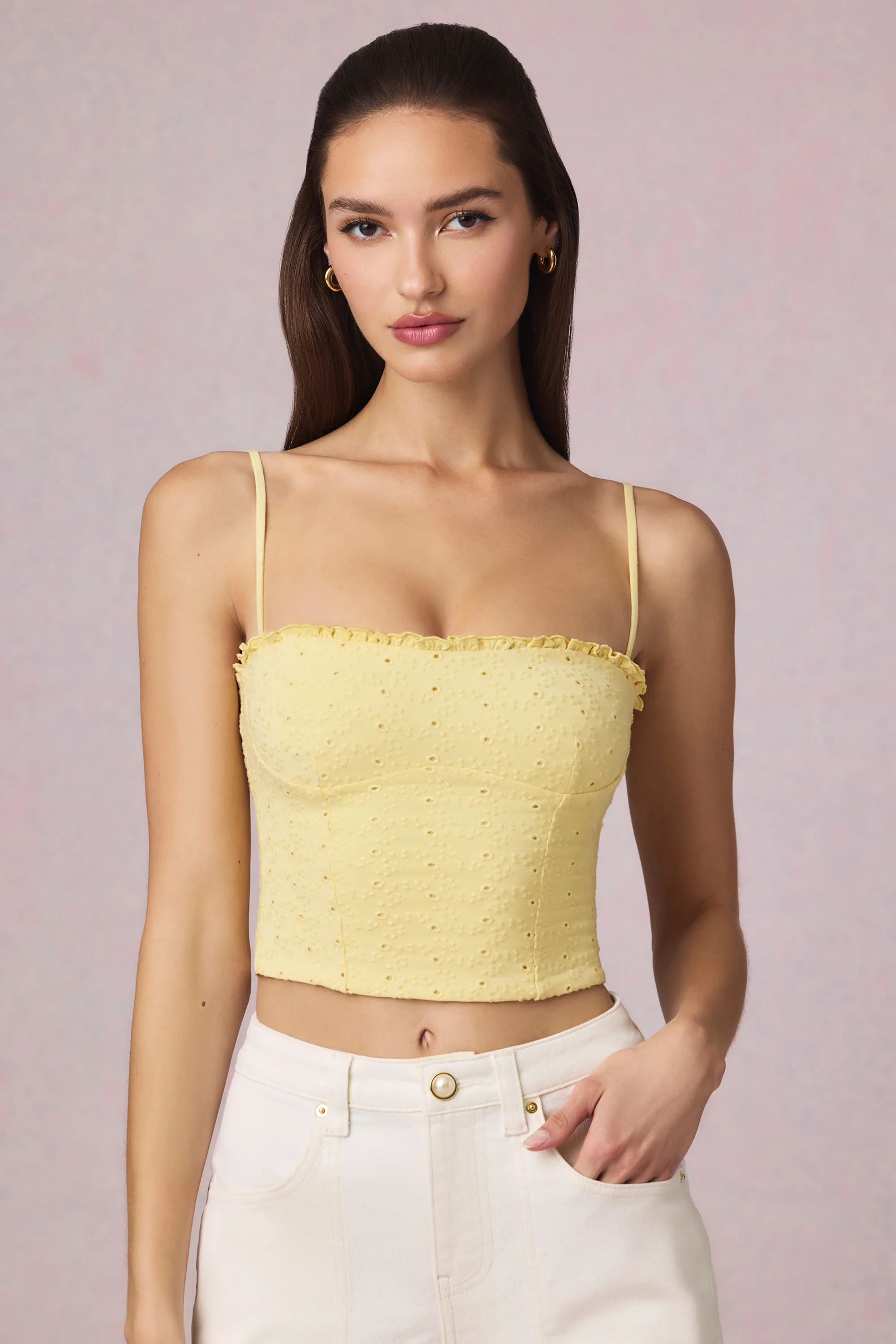 Modal Broderie Anglaise Camisole Top in Lemon Yellow - Image 10
