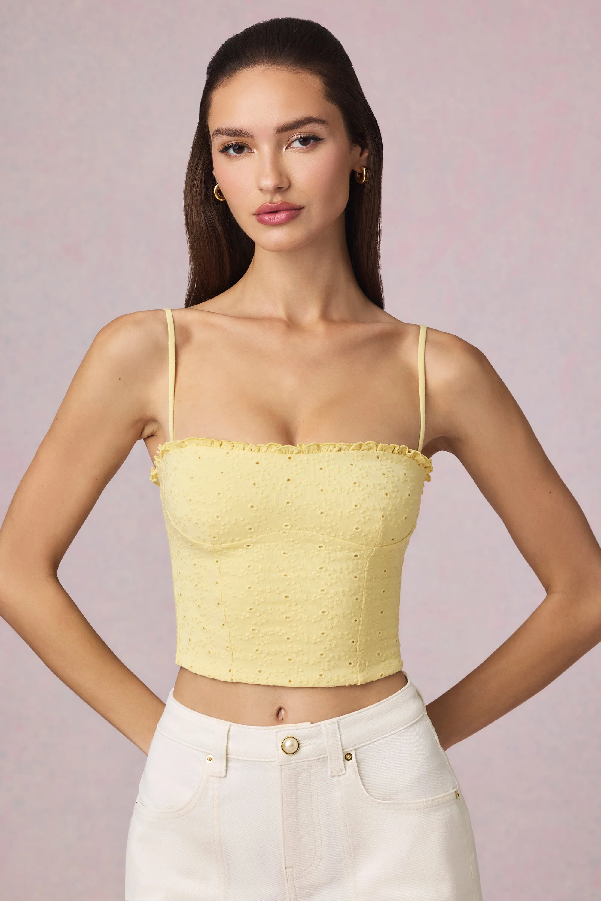 Modal Broderie Anglaise Camisole Top in Lemon Yellow - Image 11