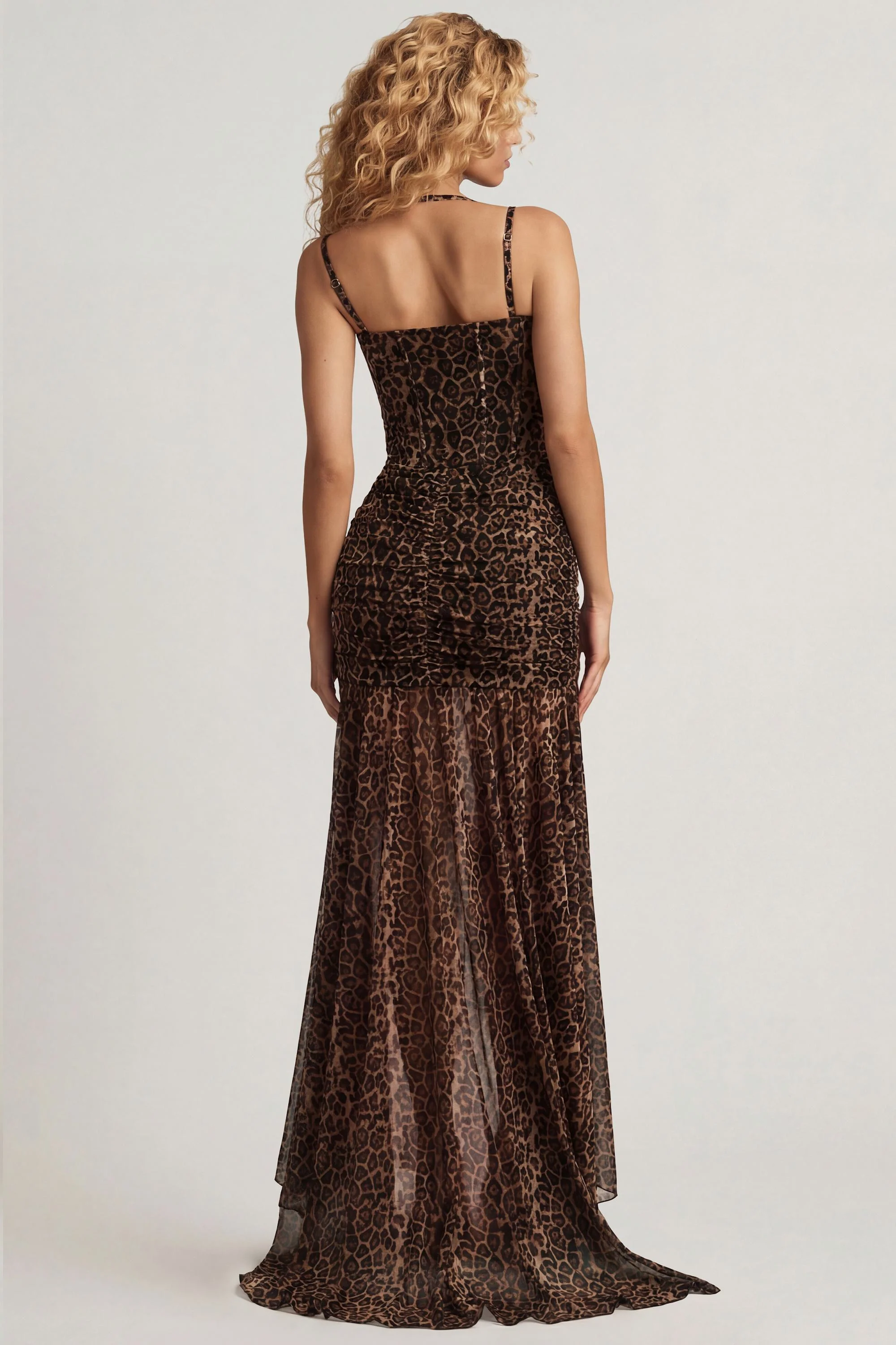 Ruched Asymmetric Corset Gown in Leopard Print - Image 2