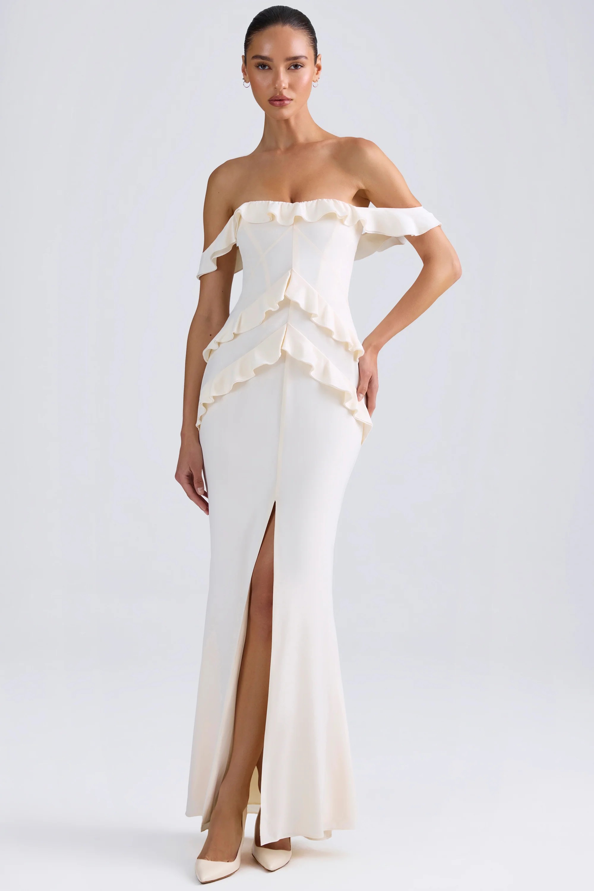Off-Shoulder Ruffle-Trim Gown in Ivory - Image 4