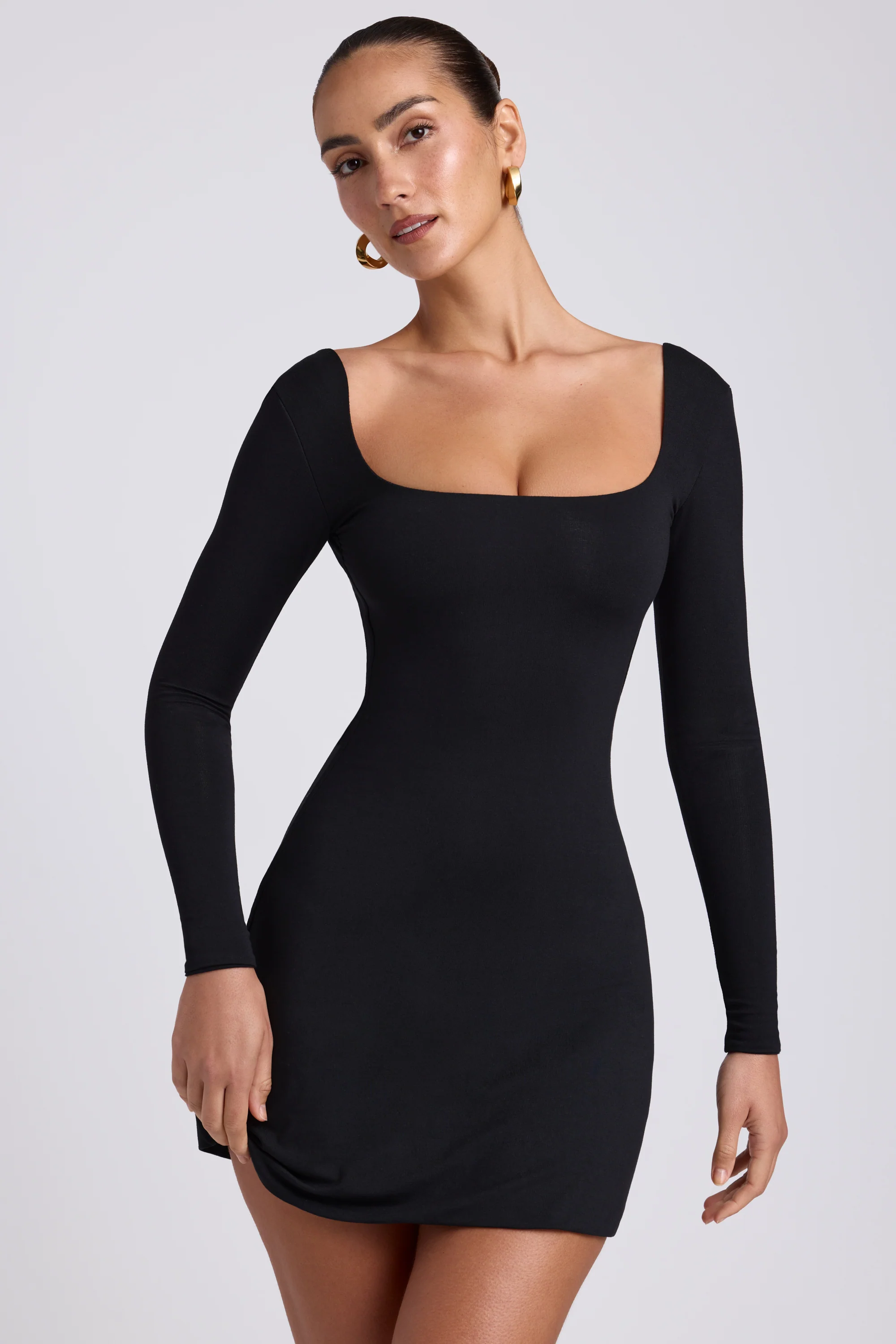 Modal Square Neck Long Sleeve Mini Dress in Black - Image 4