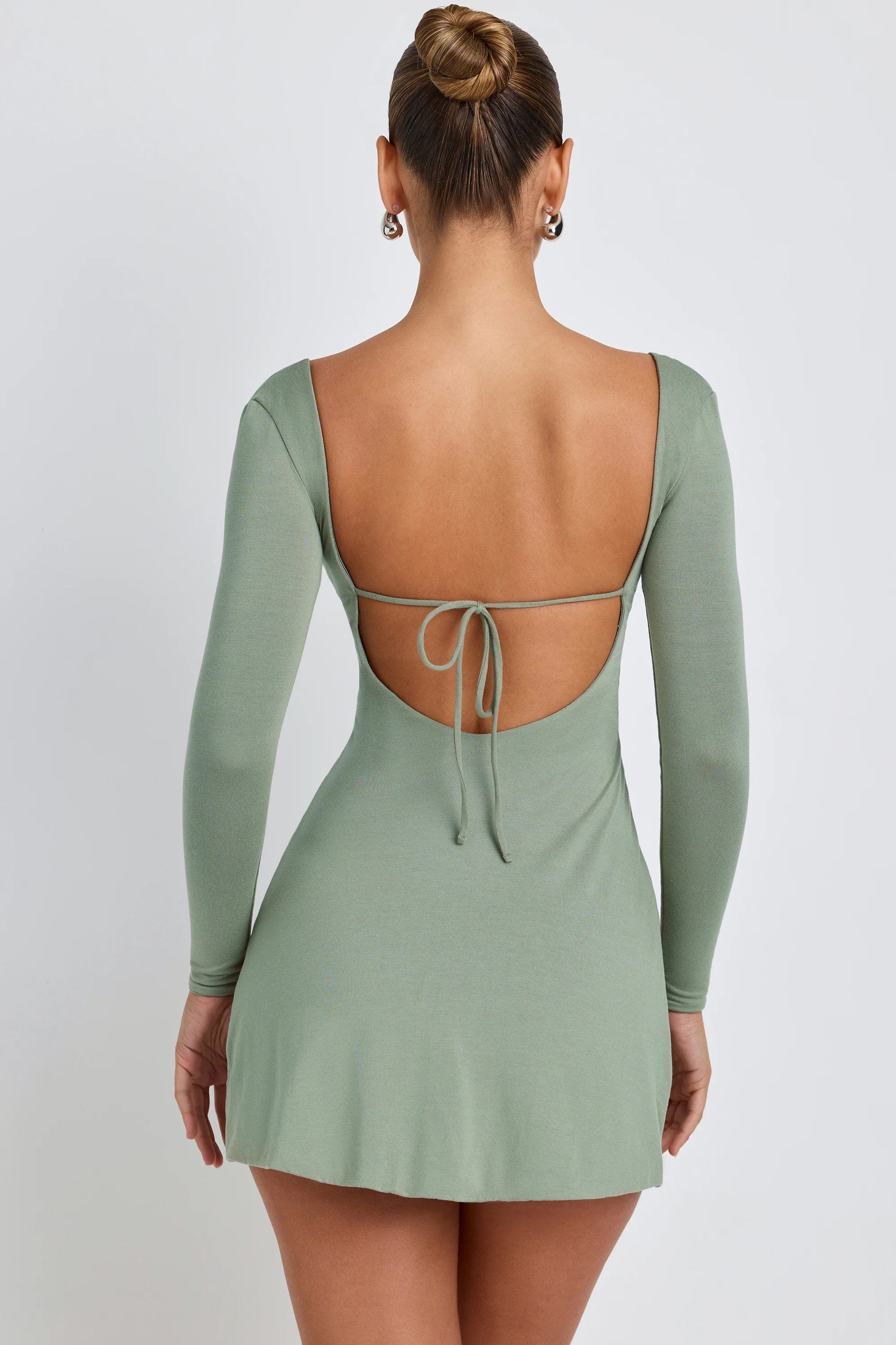 Modal Square Neck Long Sleeve Mini Dress in Sage Green - Image 2