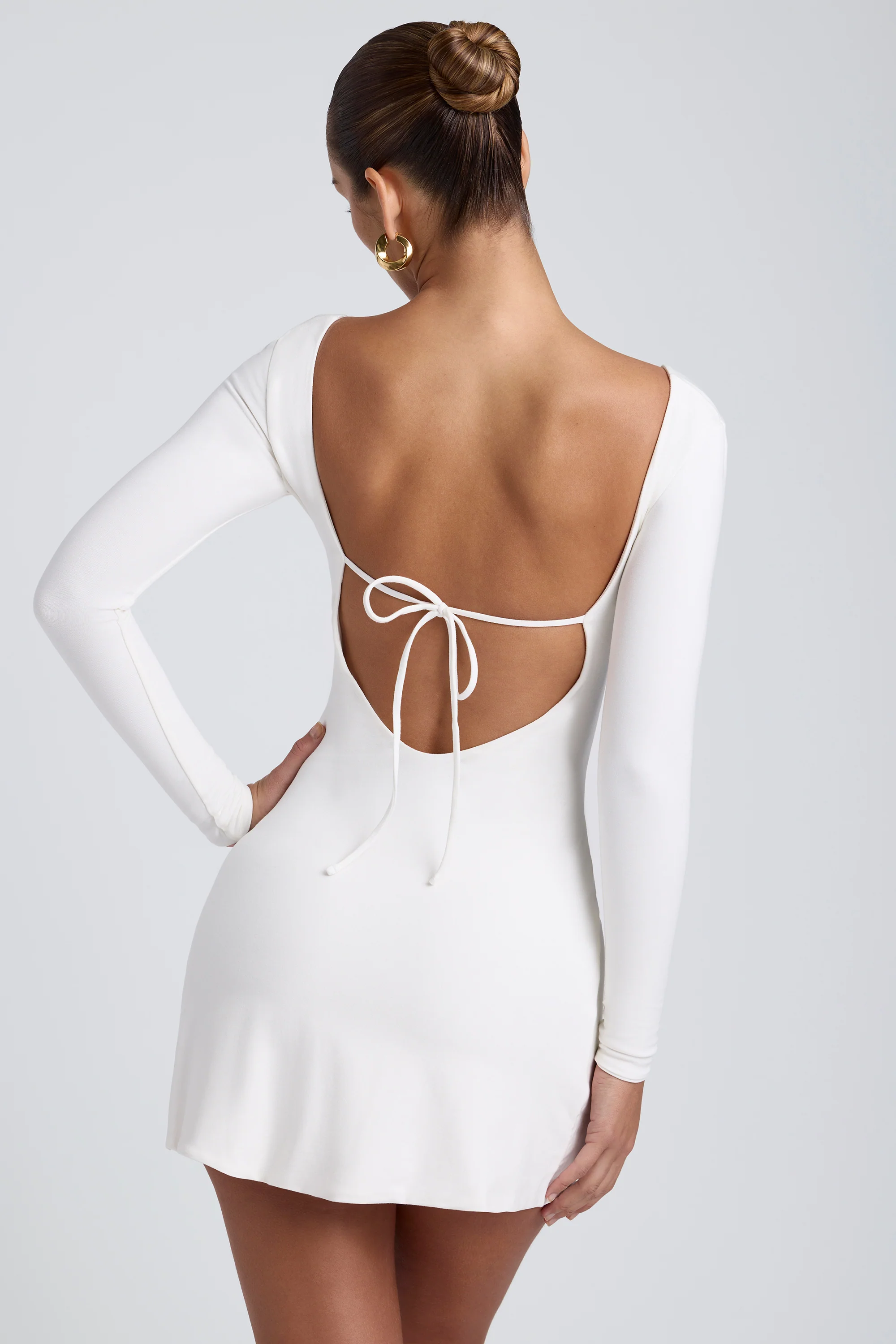 Modal Square Neck Long Sleeve Mini Dress in White - Image 2