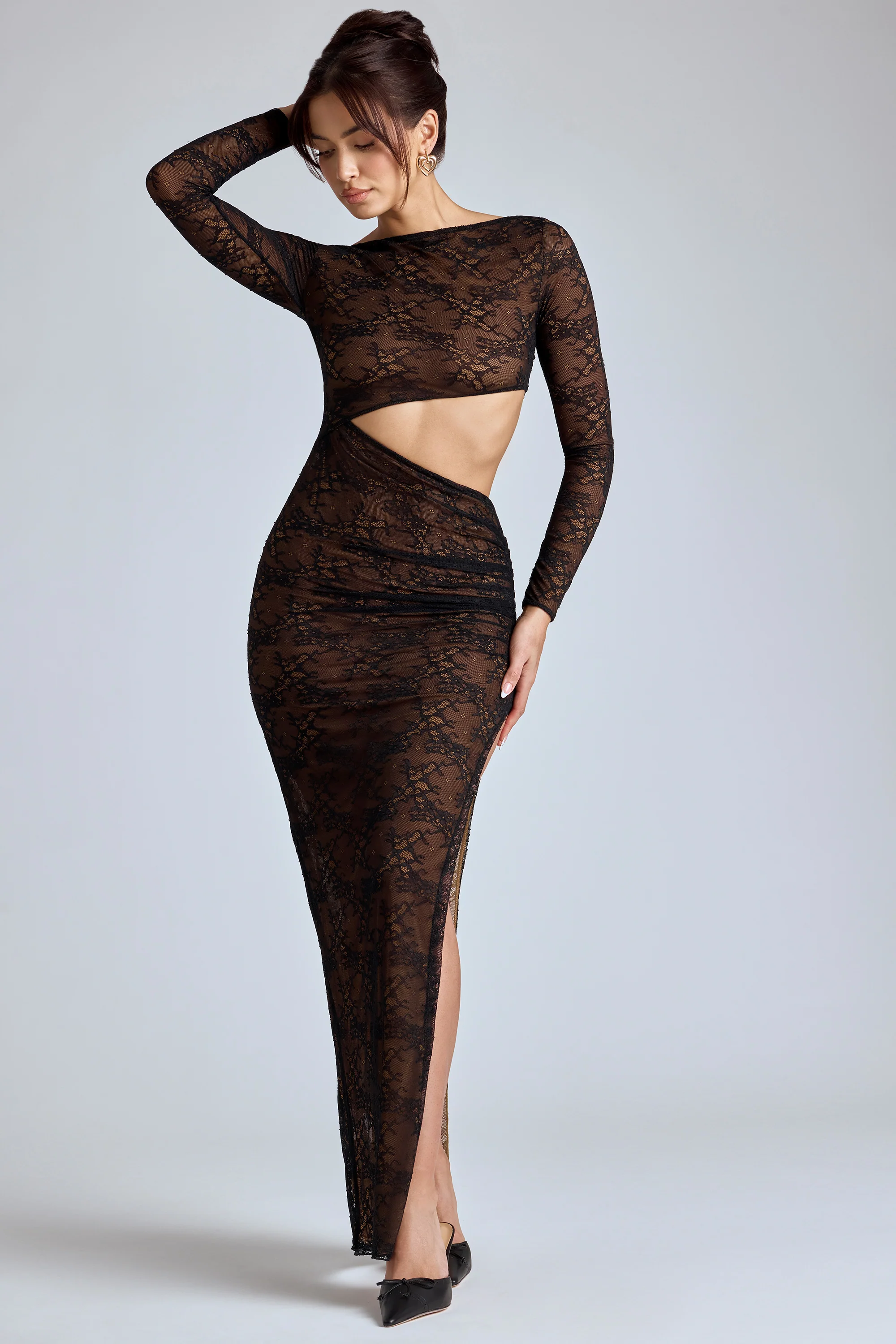 Lace Long Sleeve Maxi Dress in Black - Image 5