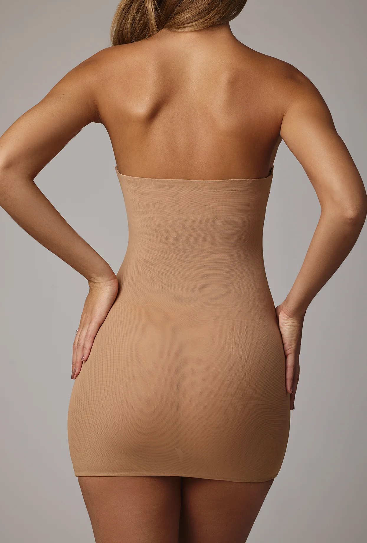 Soft Sheer-Mesh Bandeau Mini Slip Dress in Almond - Image 2