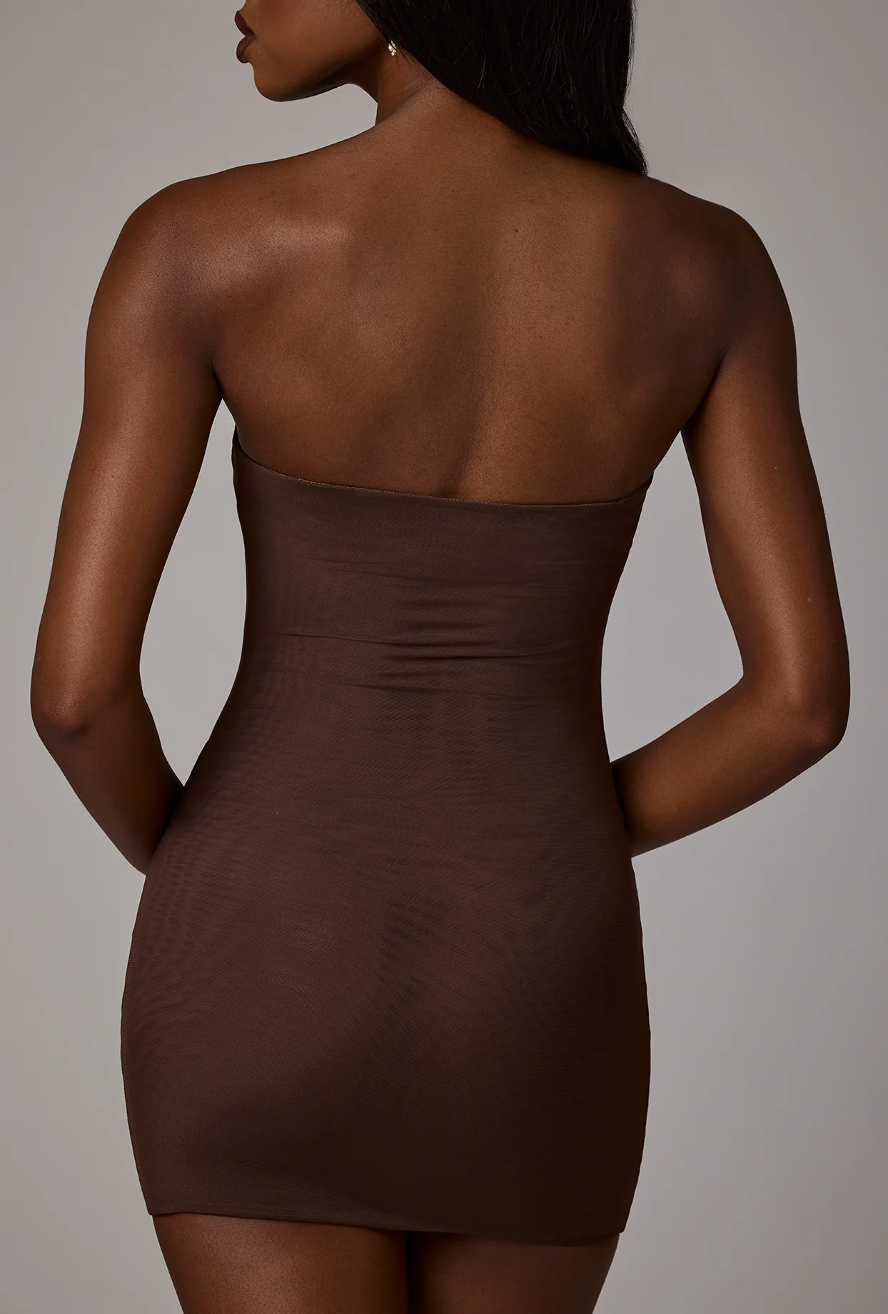 Soft Sheer-Mesh Bandeau Mini Slip Dress in Deep Cocoa - Image 2