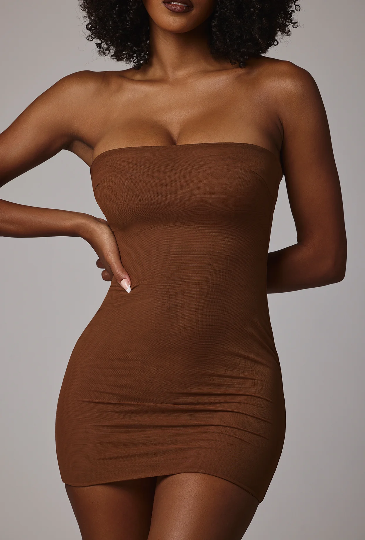 Soft Sheer-Mesh Bandeau Mini Slip Dress in Mocha - Image 5