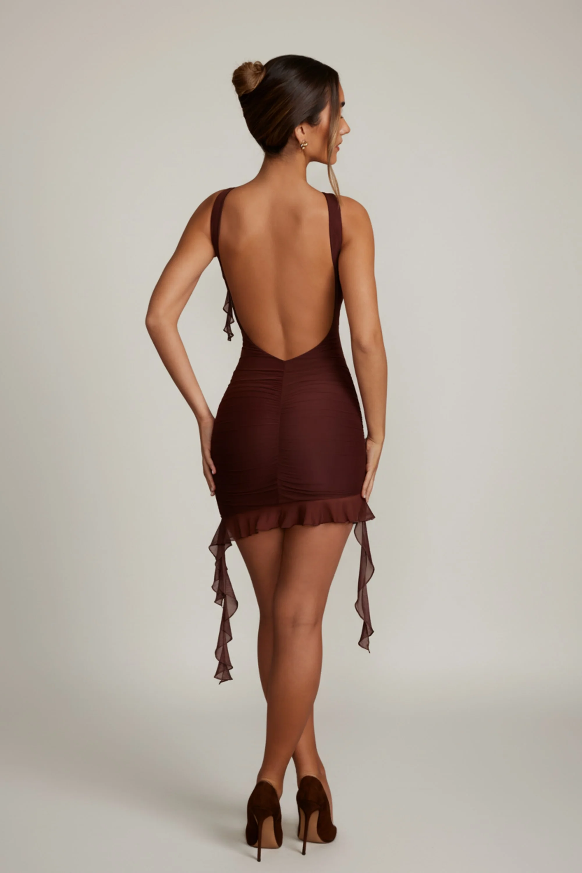 Backless Ruffle Detailing Mini Dress in Brown - Image 2