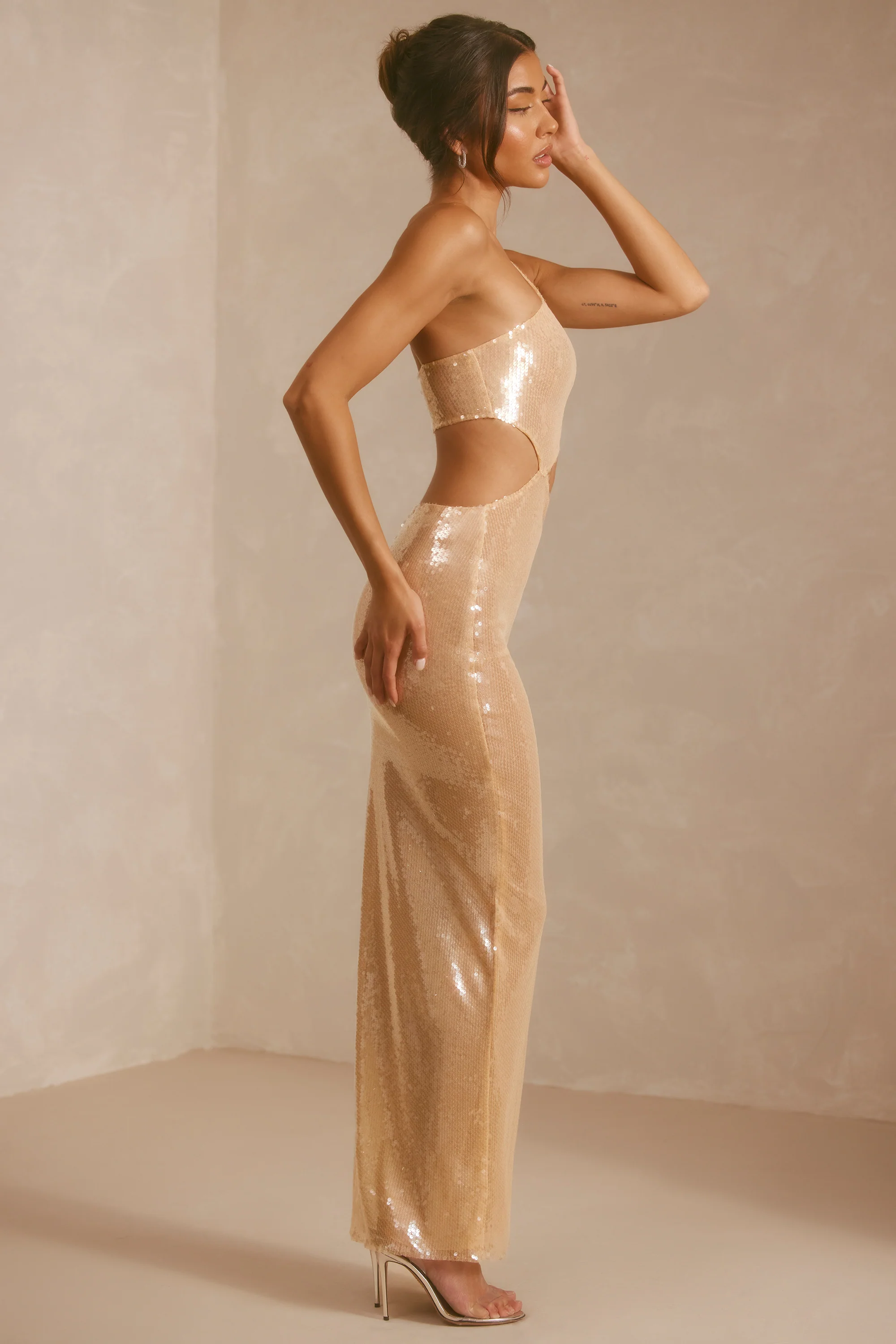 Sheer Sequin One Shoulder Cut Out Maxi Dress in Tan - Image 11