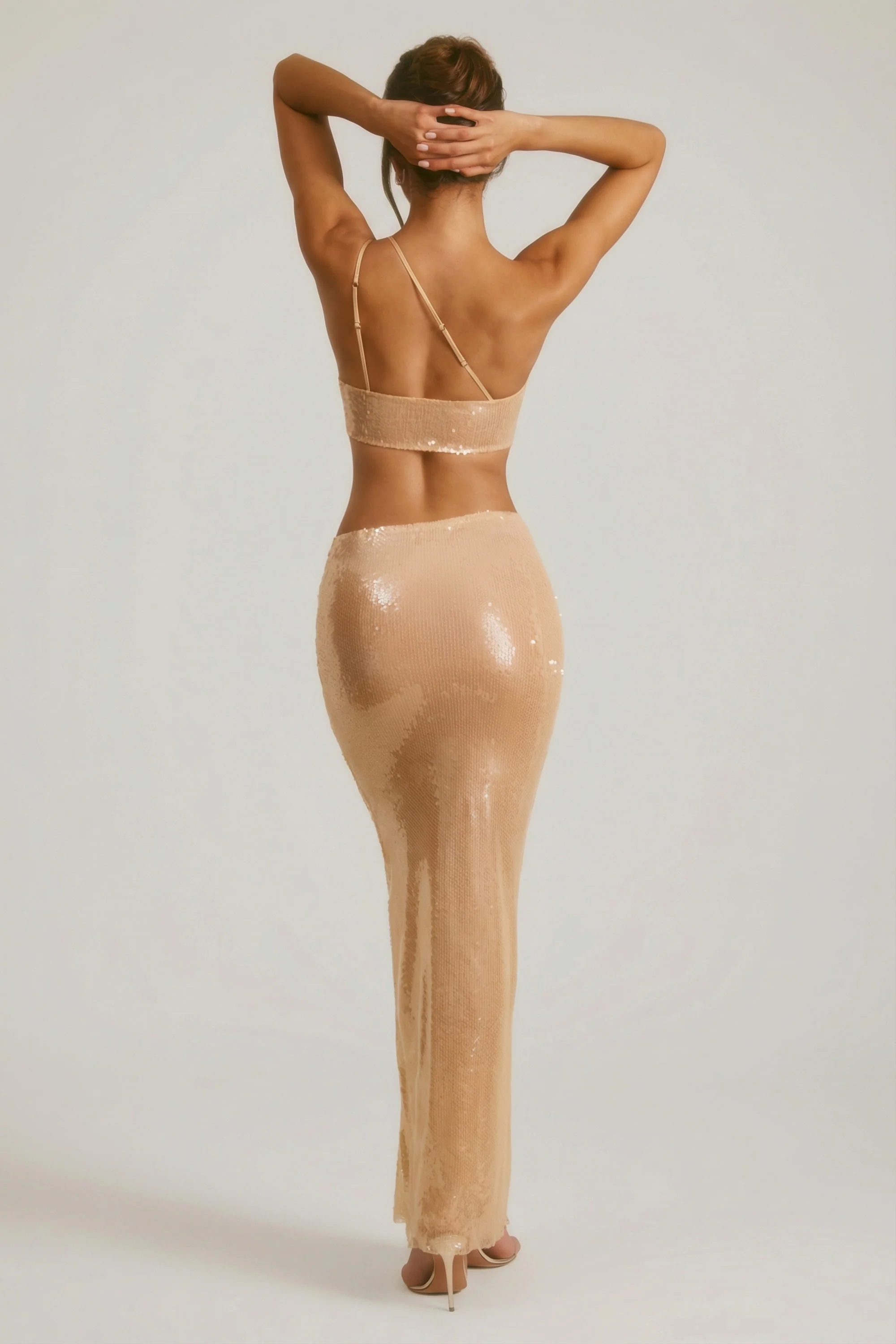 Sheer Sequin One Shoulder Cut Out Maxi Dress in Tan - Image 3