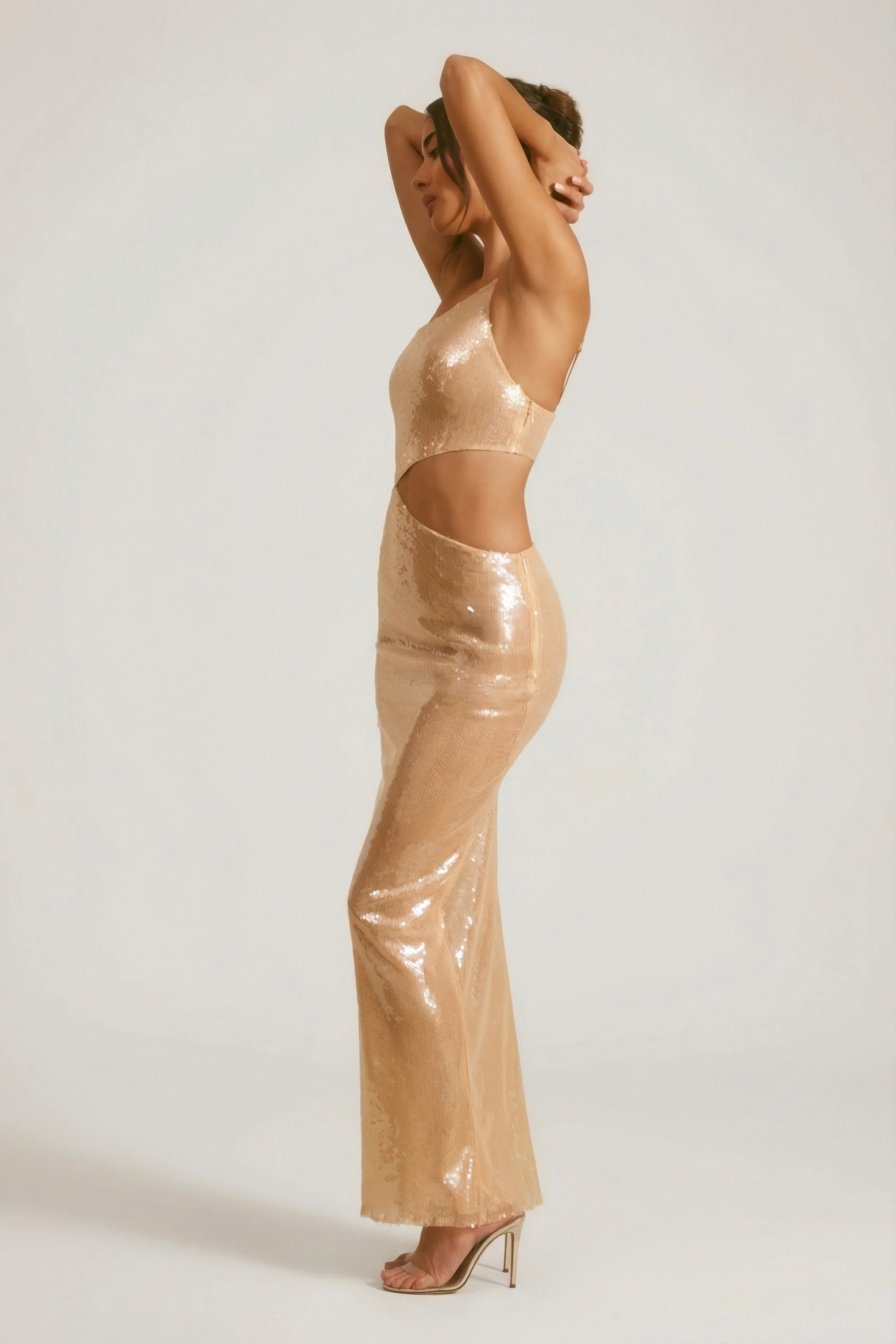 Sheer Sequin One Shoulder Cut Out Maxi Dress in Tan - Image 6