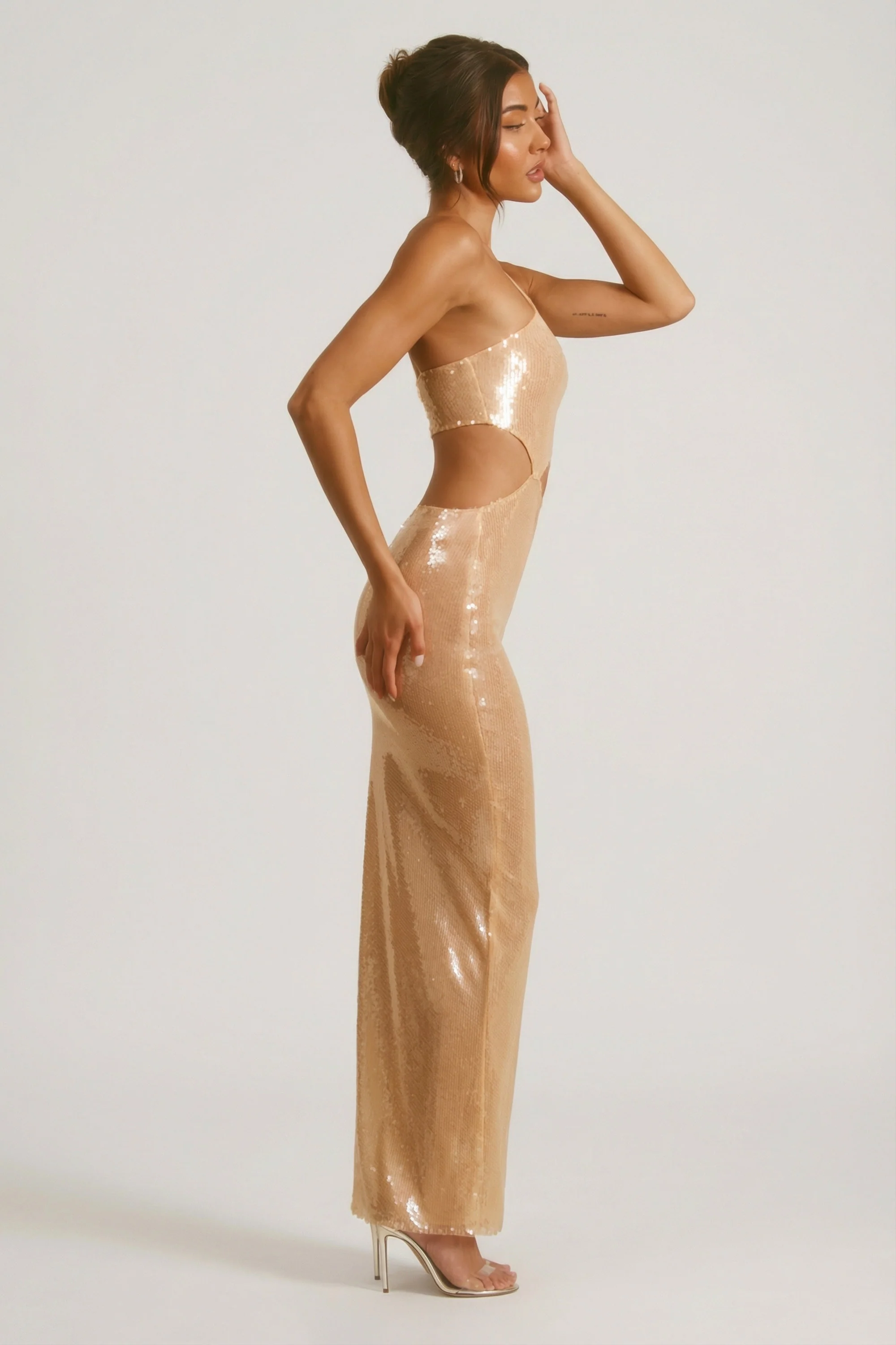 Sheer Sequin One Shoulder Cut Out Maxi Dress in Tan - Image 7